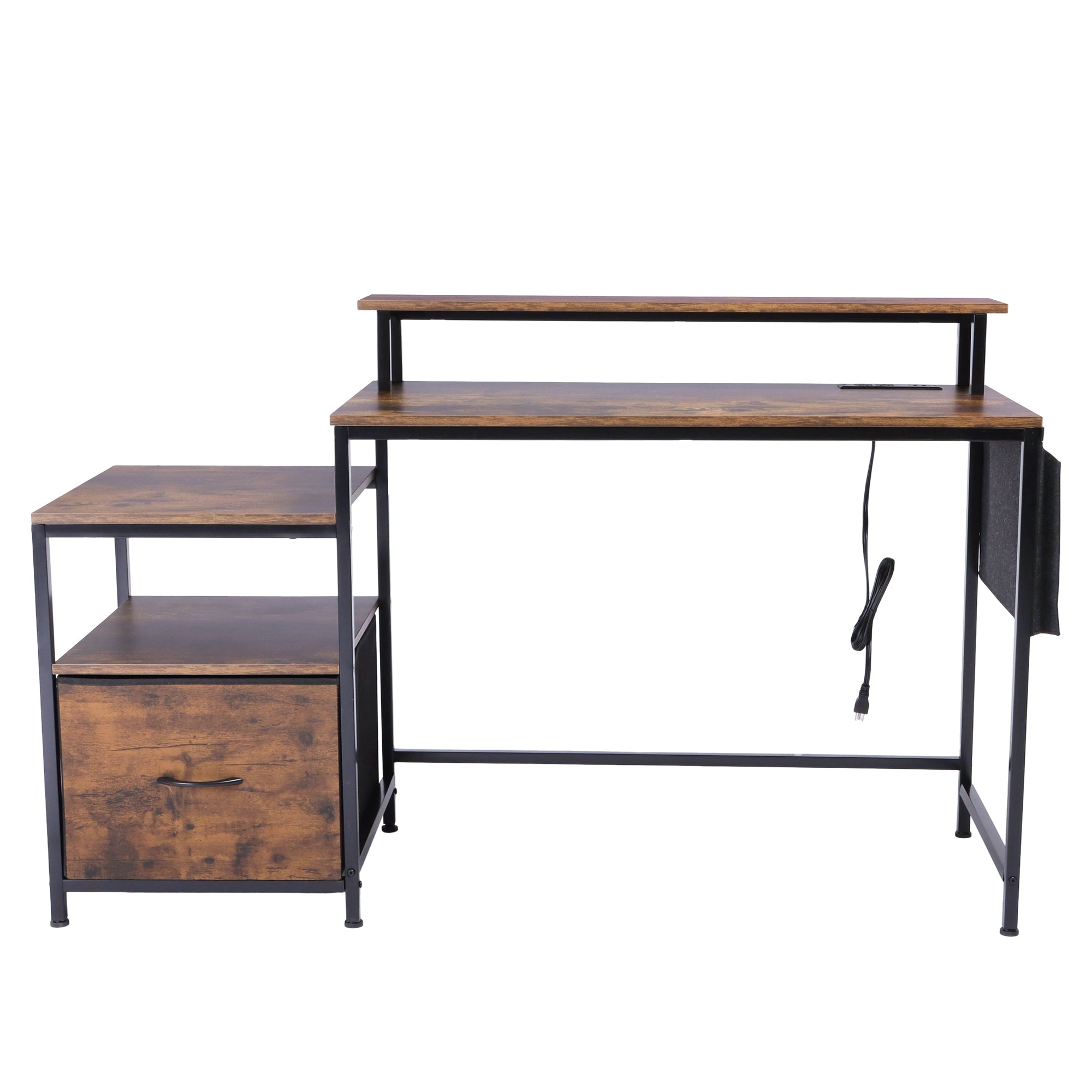 URGOTH Computer Desk with Monitor Shelf, Drawer and Side Storage, Rustic Brown/Black, Charging Station