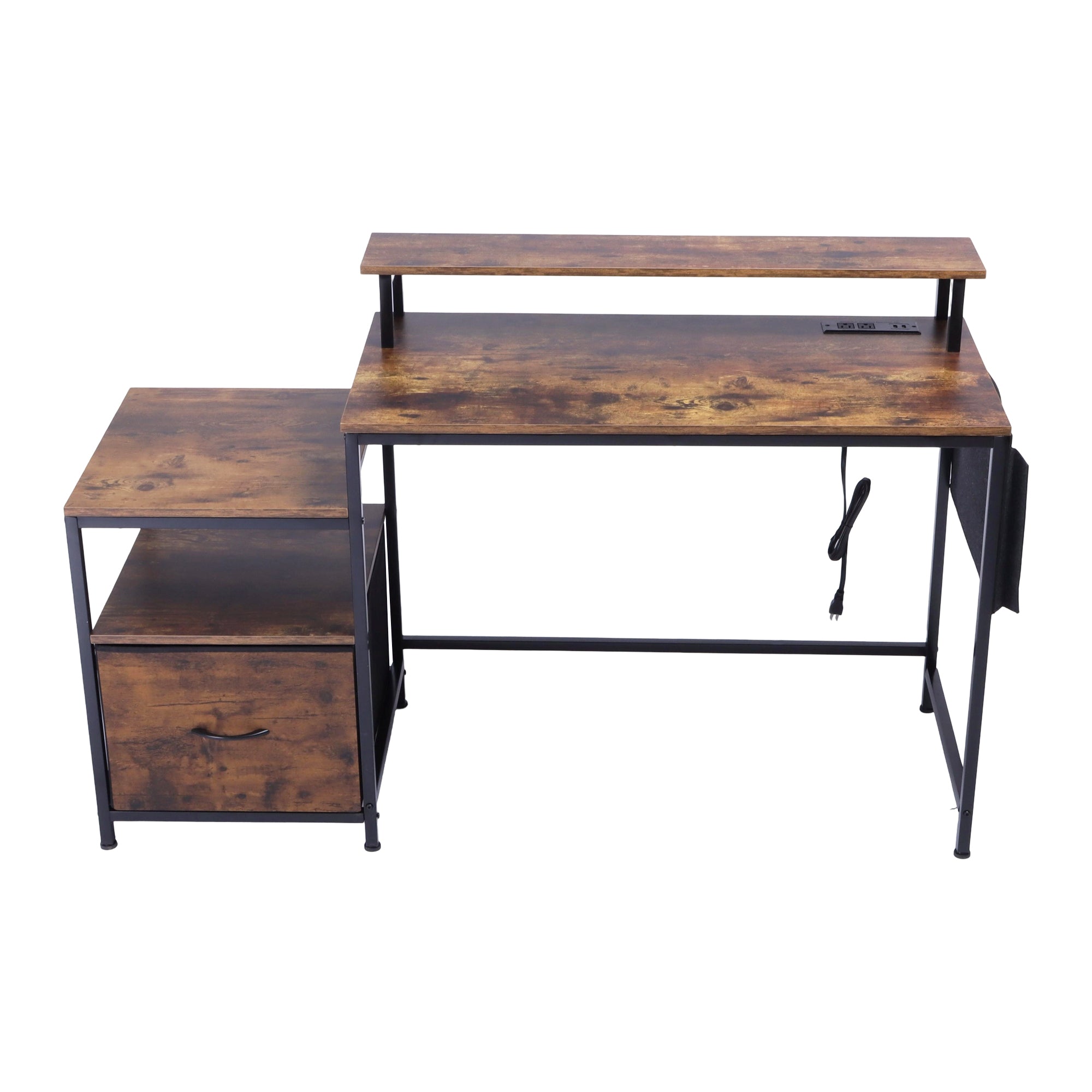 URGOTH Computer Desk with Monitor Shelf, Drawer and Side Storage, Rustic Brown/Black, Charging Station