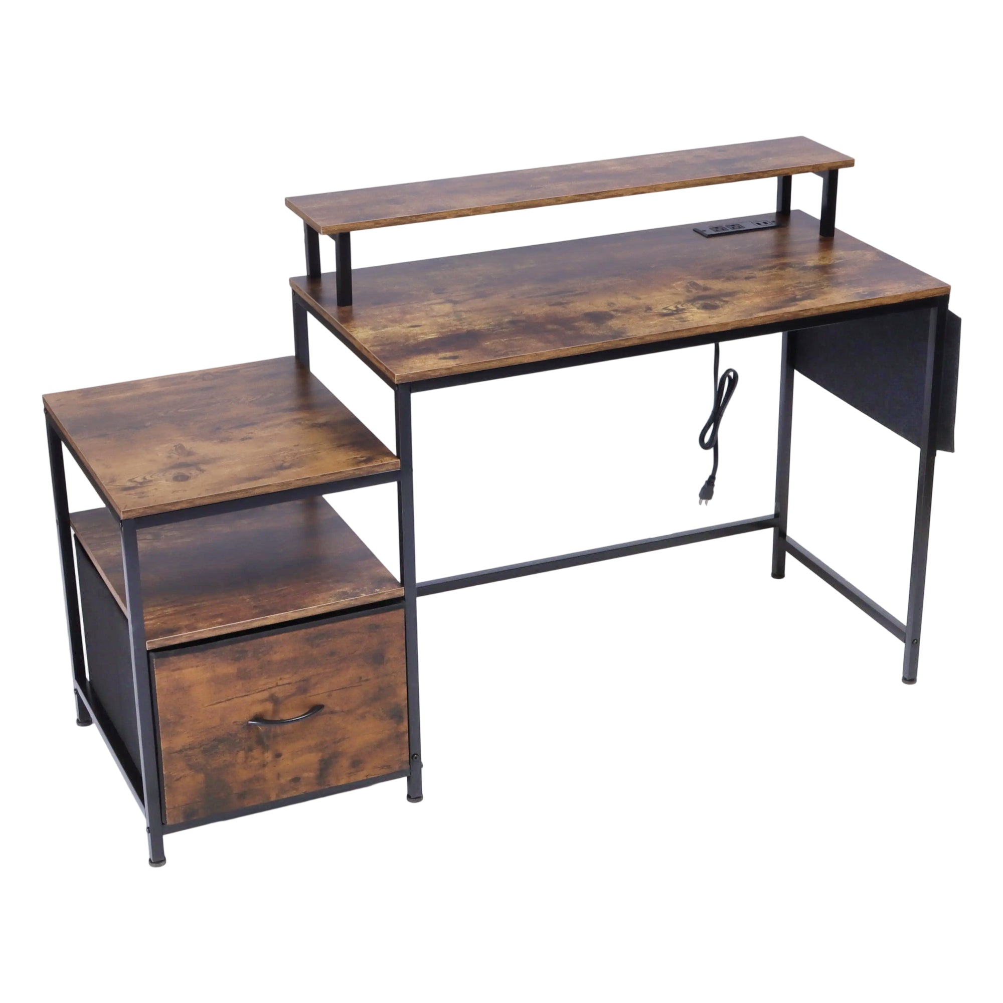 URGOTH Computer Desk with Monitor Shelf, Drawer and Side Storage, Rustic Brown/Black, Charging Station