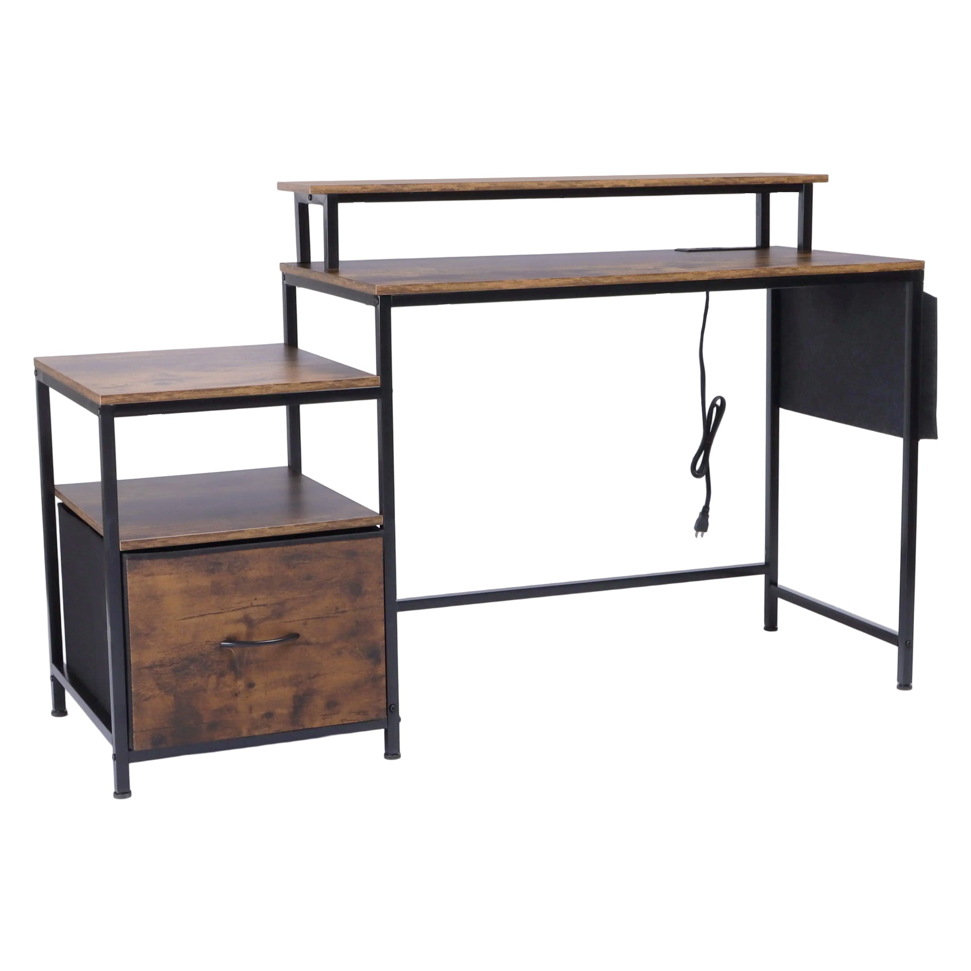 URGOTH Computer Desk with Monitor Shelf, Drawer and Side Storage, Rustic Brown/Black, Charging Station