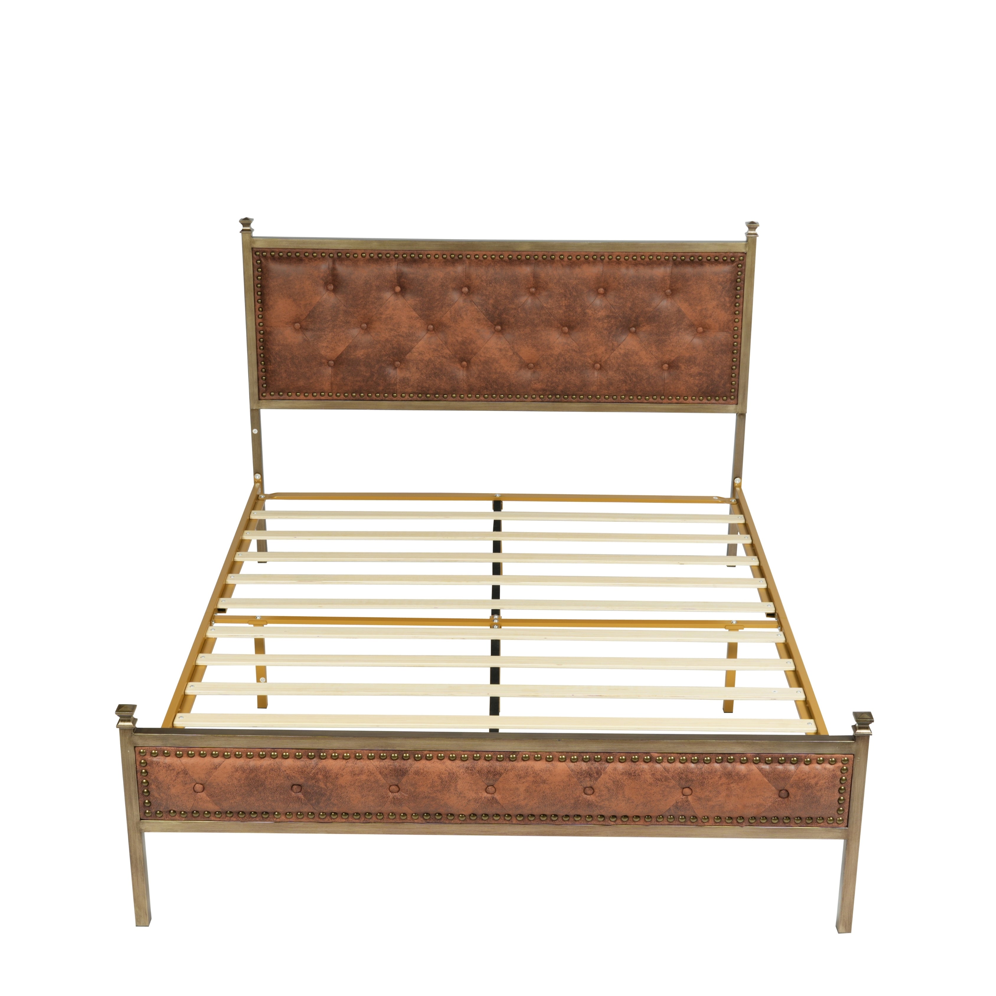 Veleda Mid-Century Upholstered Queen Bed Frame with Gold Accents