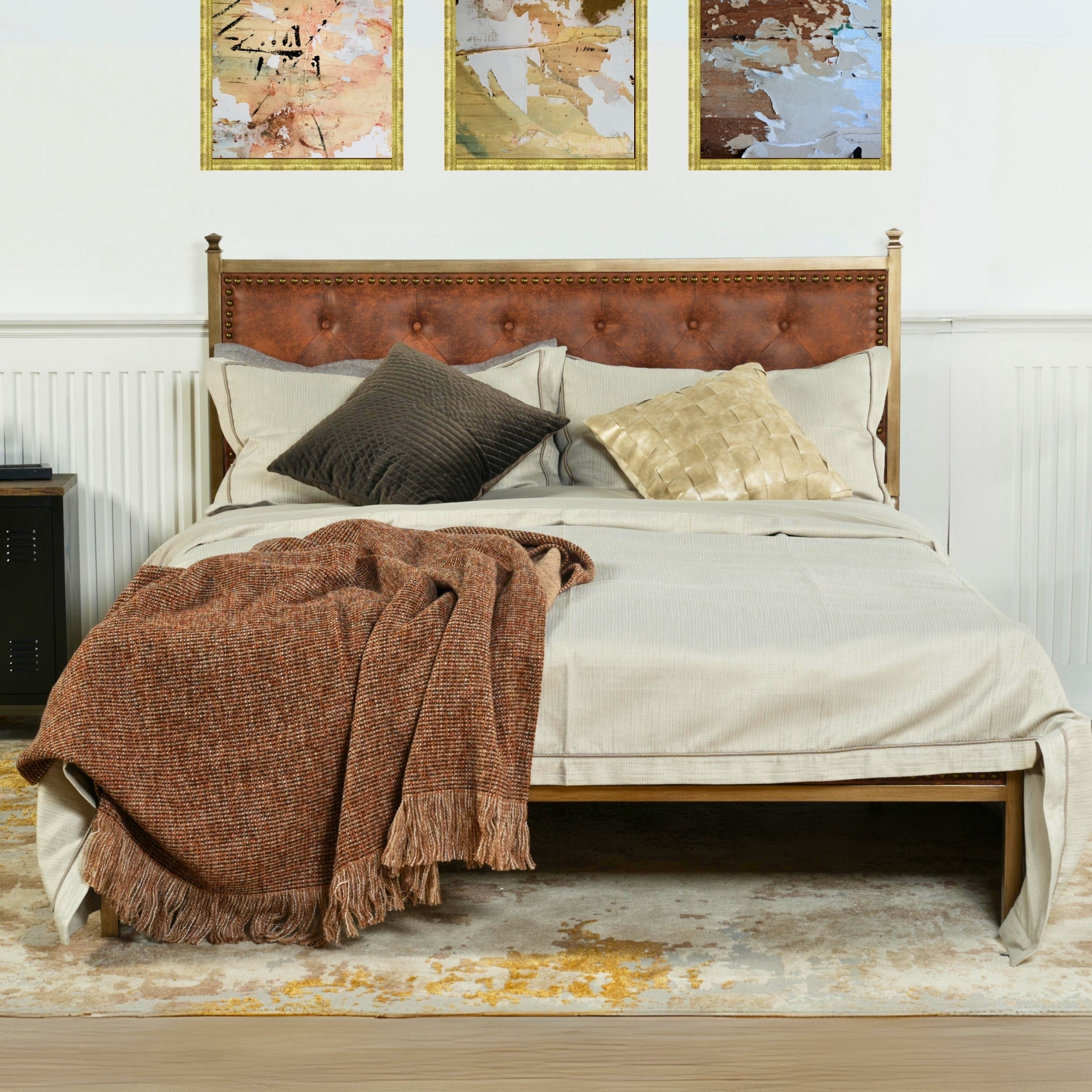 Veleda Mid-Century Upholstered Queen Bed Frame with Gold Accents