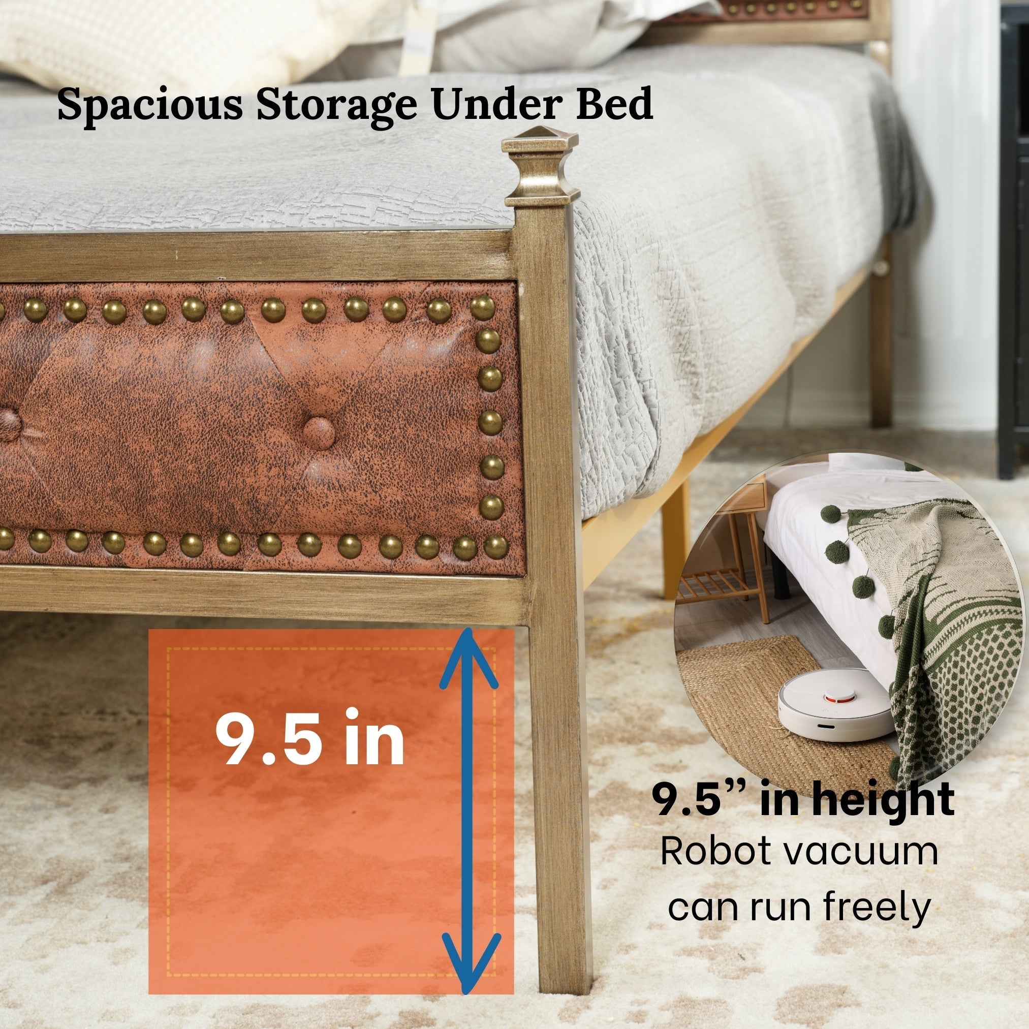 Veleda Mid-Century Upholstered Queen Bed Frame with Gold Accents