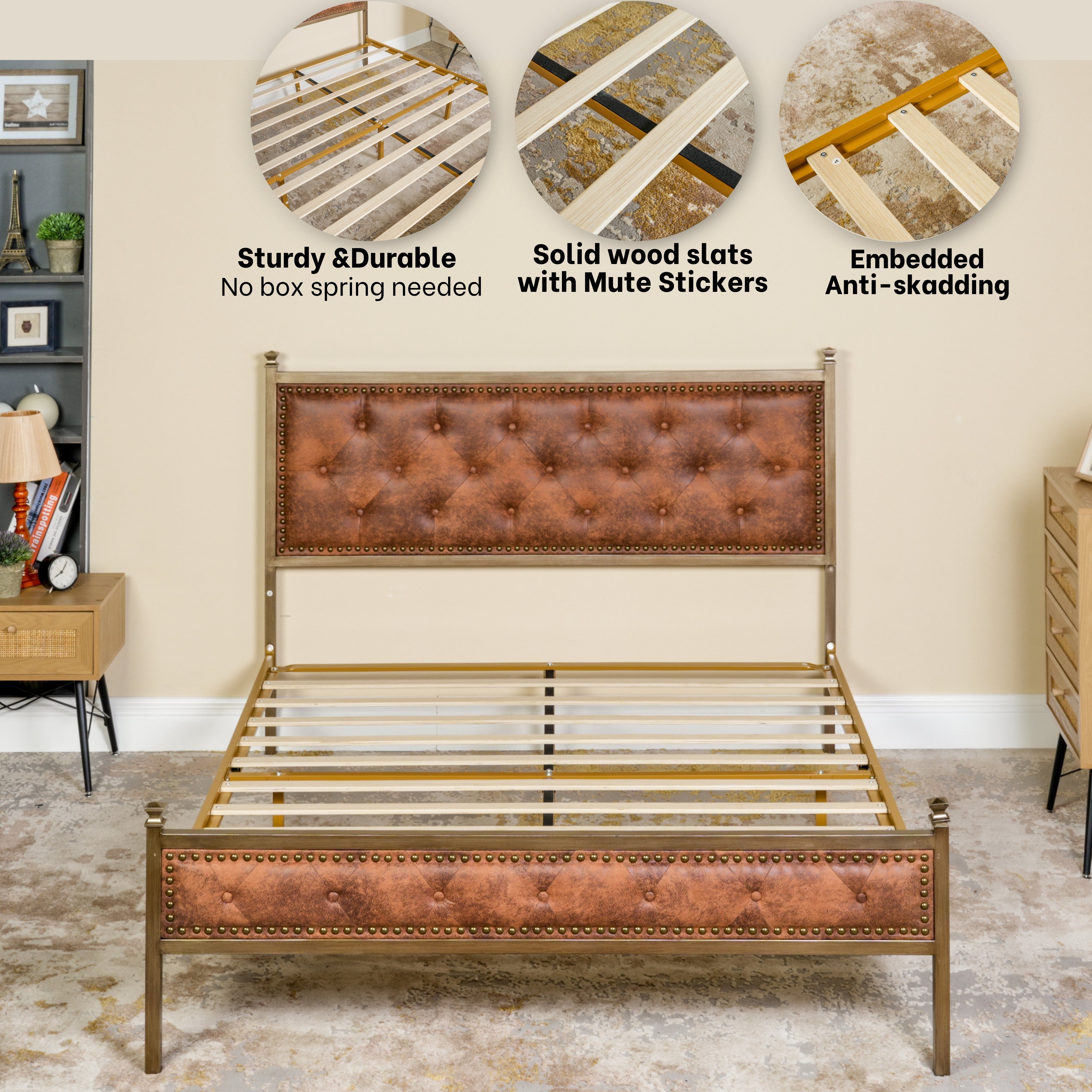 Veleda Mid-Century Upholstered Queen Bed Frame with Gold Accents