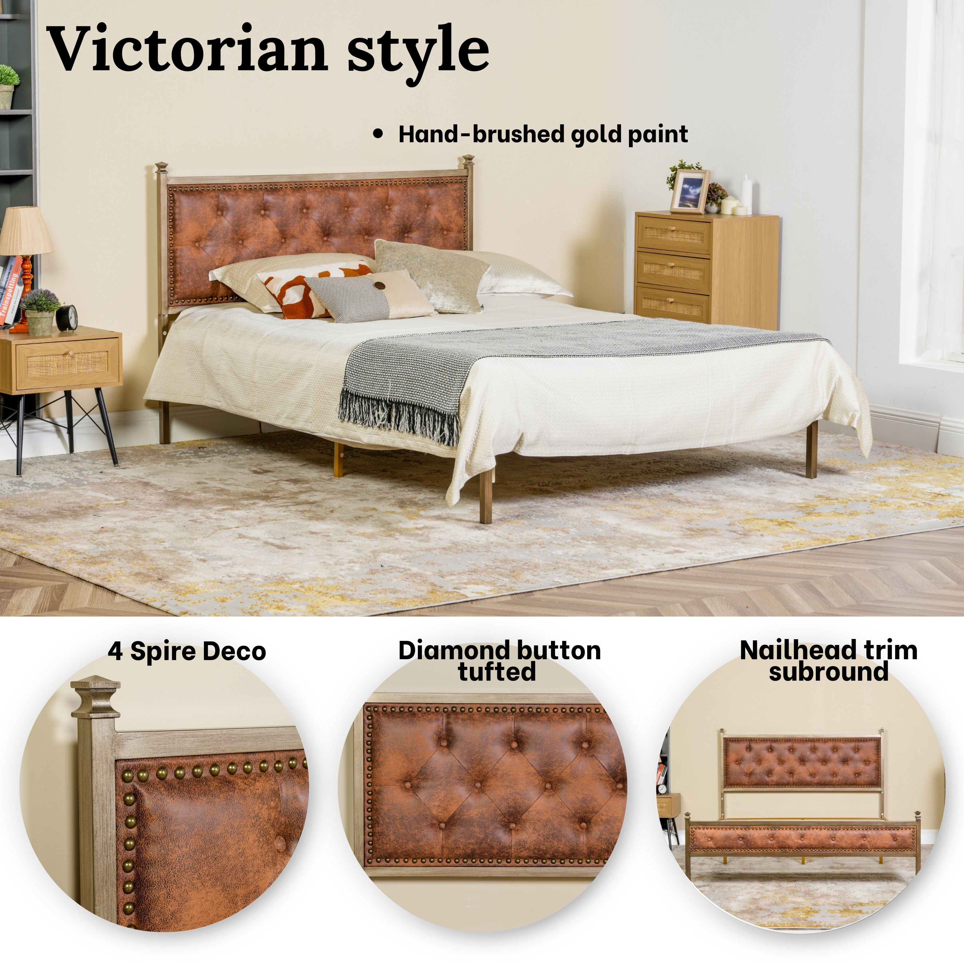Veleda Mid-Century Upholstered Queen Bed Frame with Gold Accents