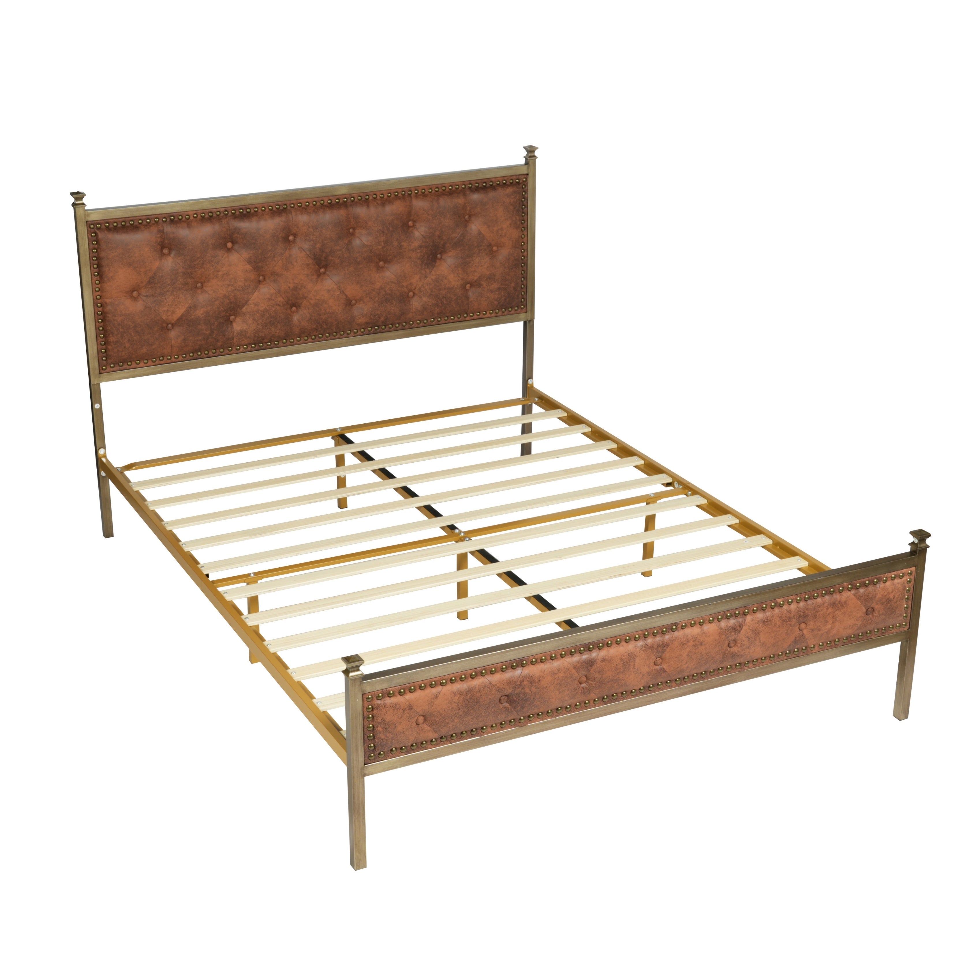 Veleda Mid-Century Upholstered Queen Bed Frame with Gold Accents