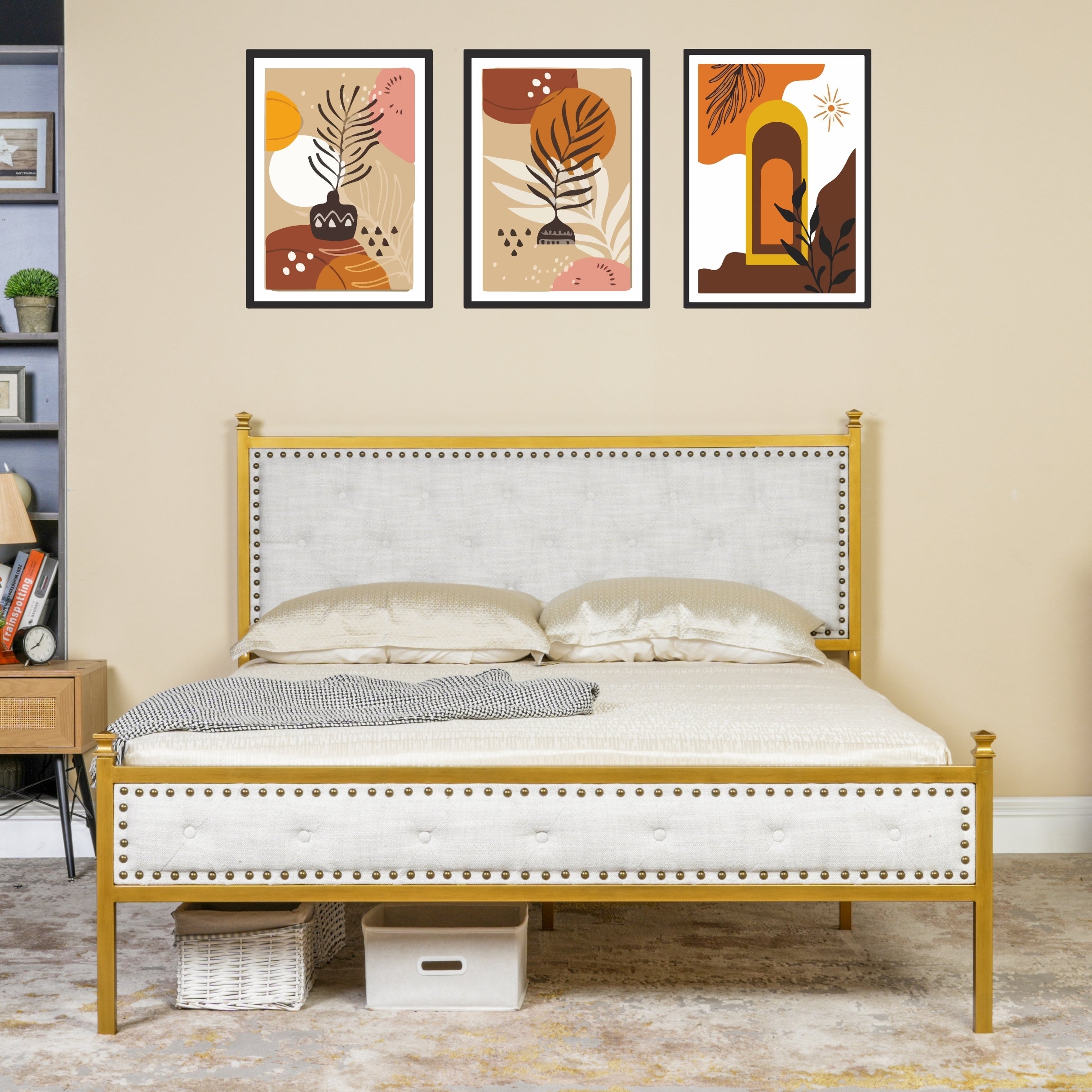 Veleda Mid-Century Upholstered Queen Bed Frame with Gold Accents