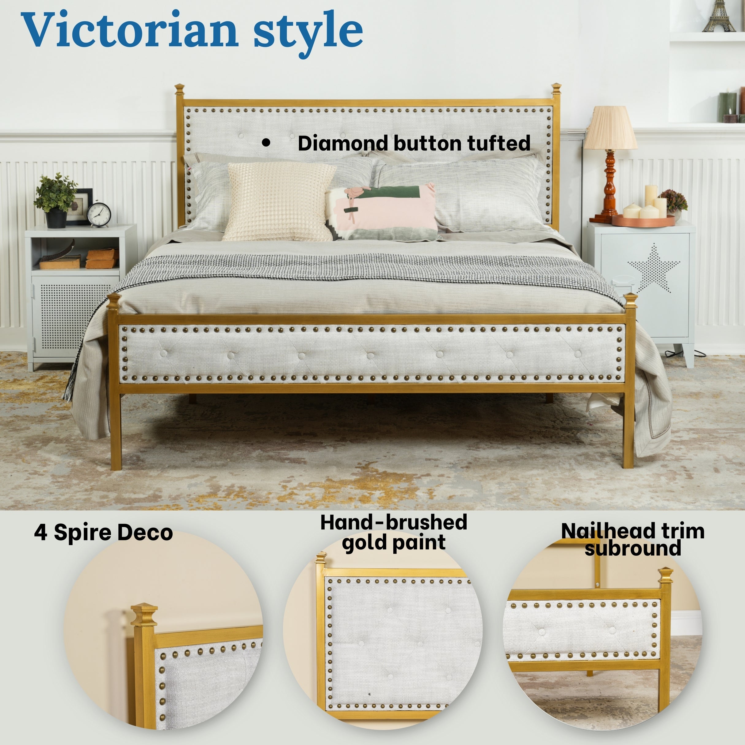 Veleda Mid-Century Upholstered Queen Bed Frame with Gold Accents
