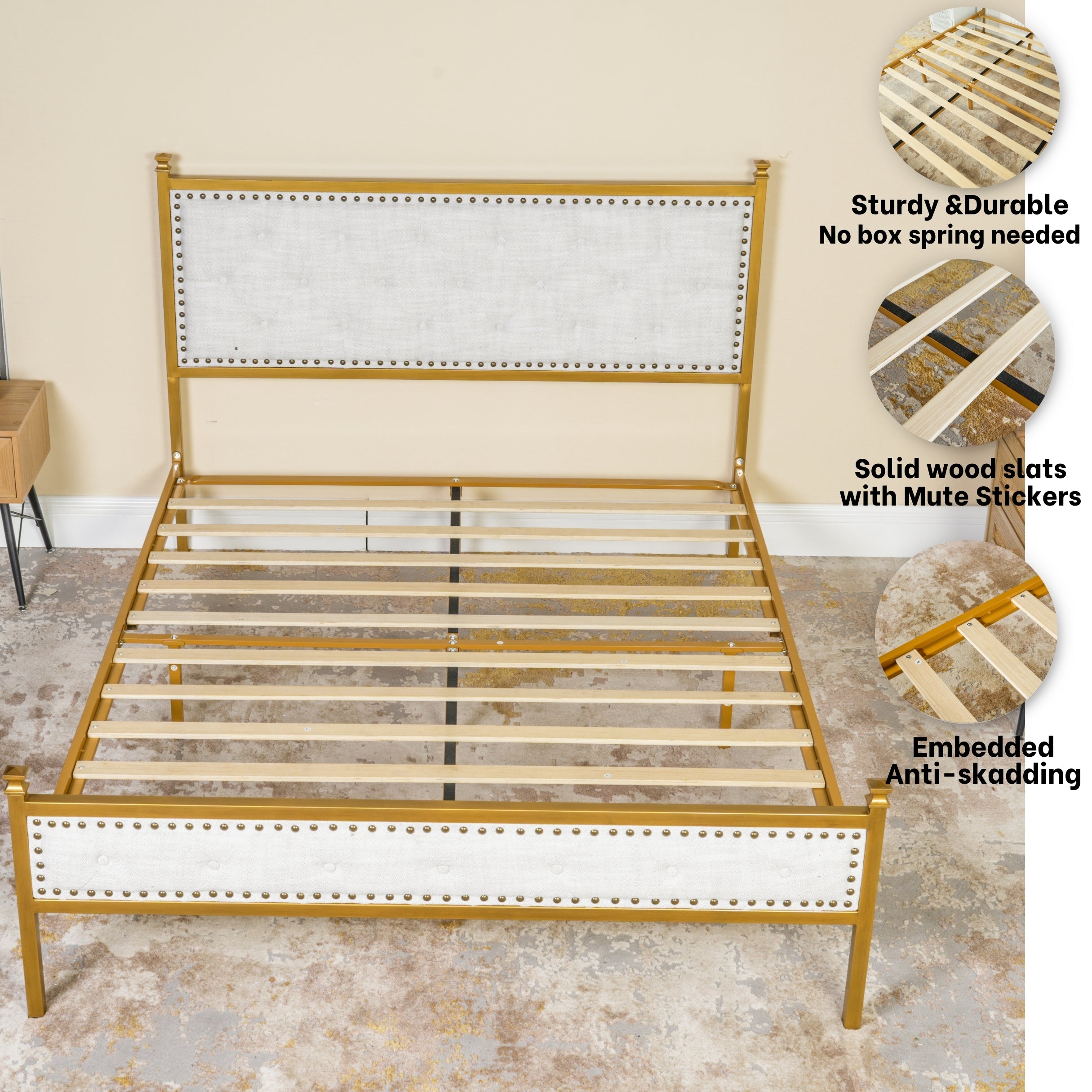 Veleda Mid-Century Upholstered Queen Bed Frame with Gold Accents