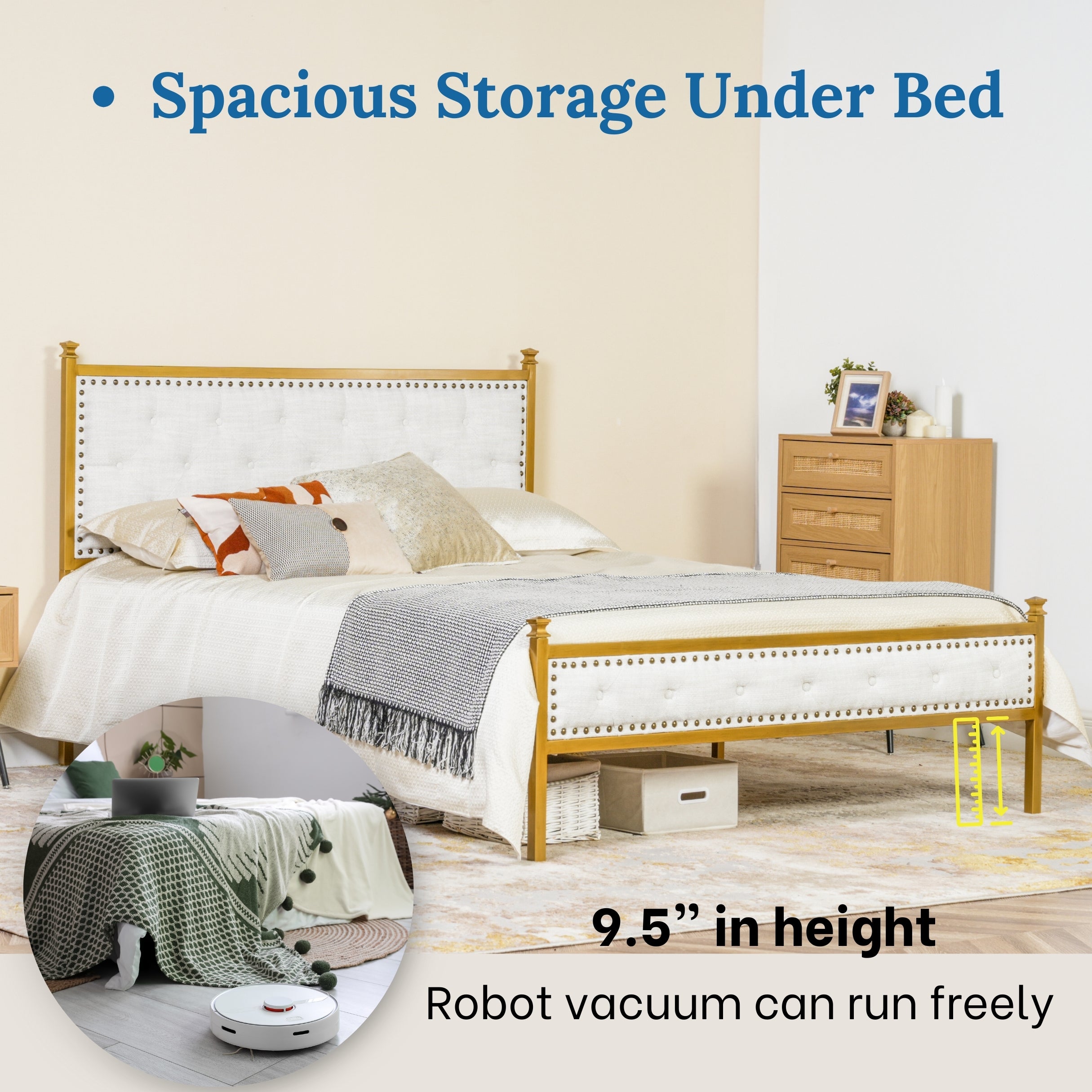 Veleda Mid-Century Upholstered Queen Bed Frame with Gold Accents
