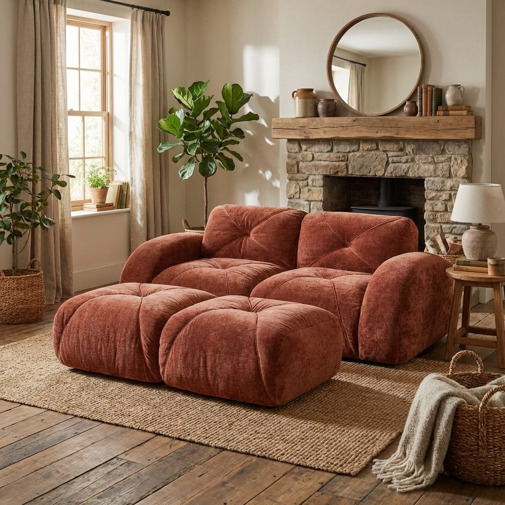 Aven 80" Modular Velvet Cloud Loveseat Sofa with 2 Ottomans and Curved ...