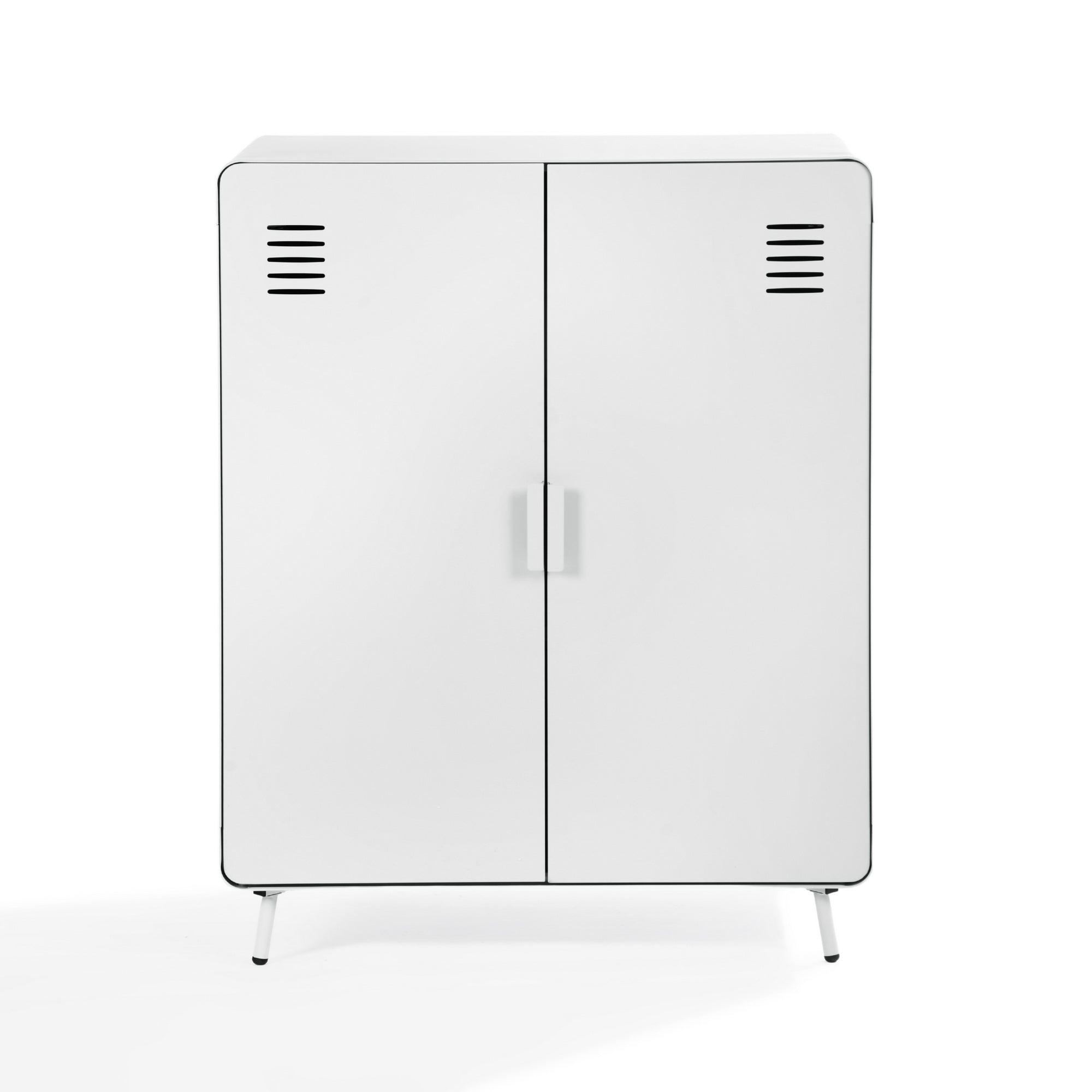 walnut 2-door cabinet - blue metal - sleek storage for living room or office