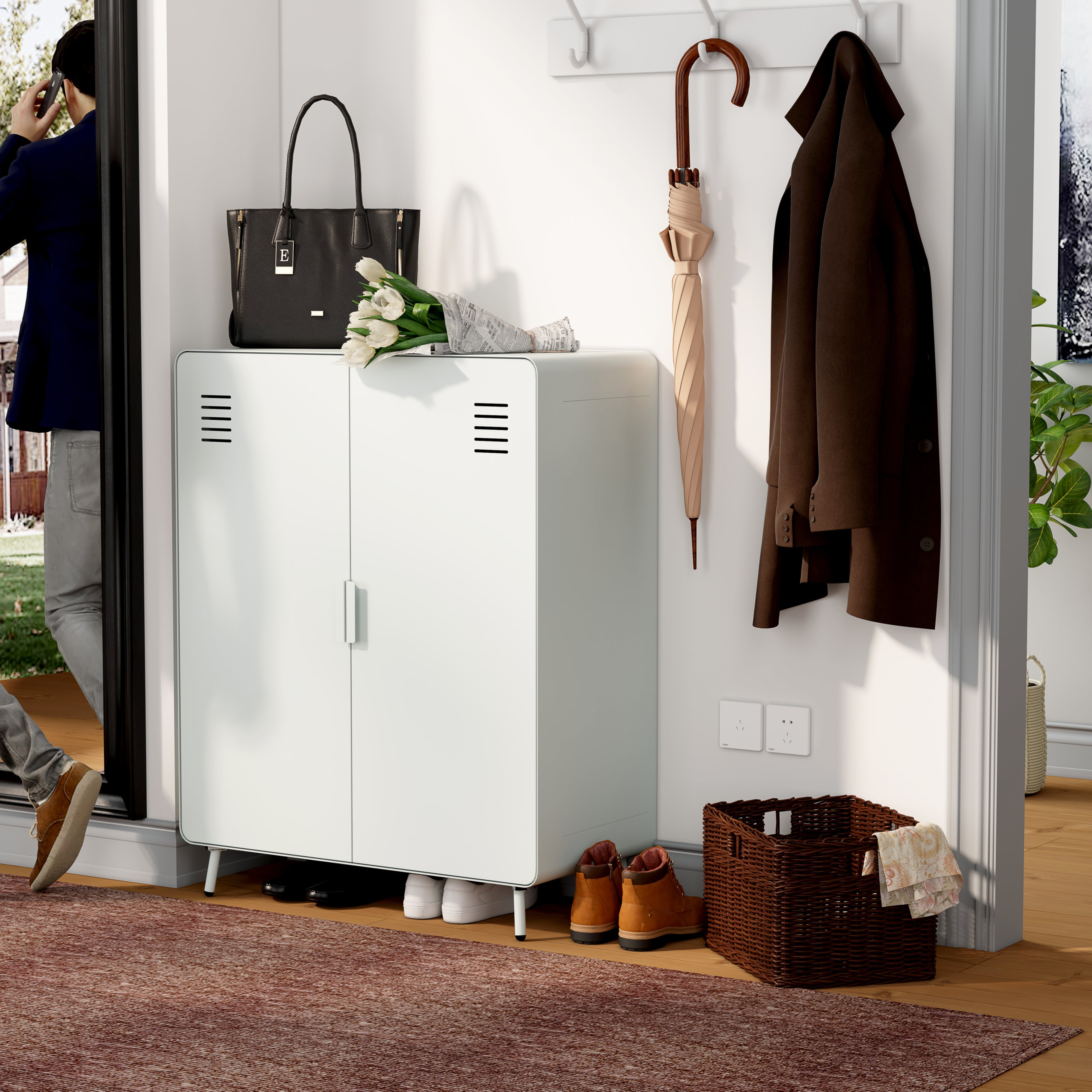walnut 2-door cabinet - blue metal - sleek storage for living room or office