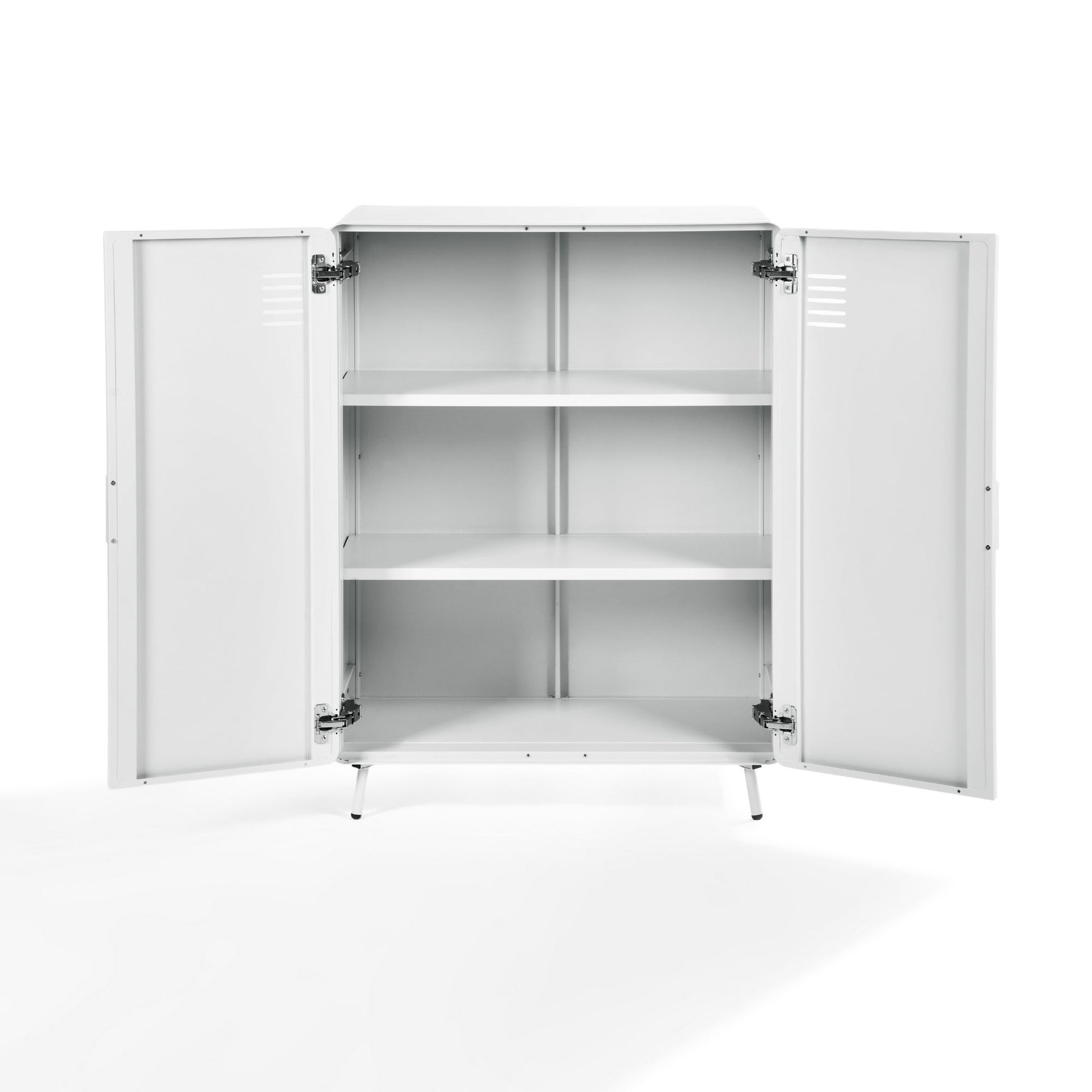walnut 2-door cabinet - blue metal - sleek storage for living room or office