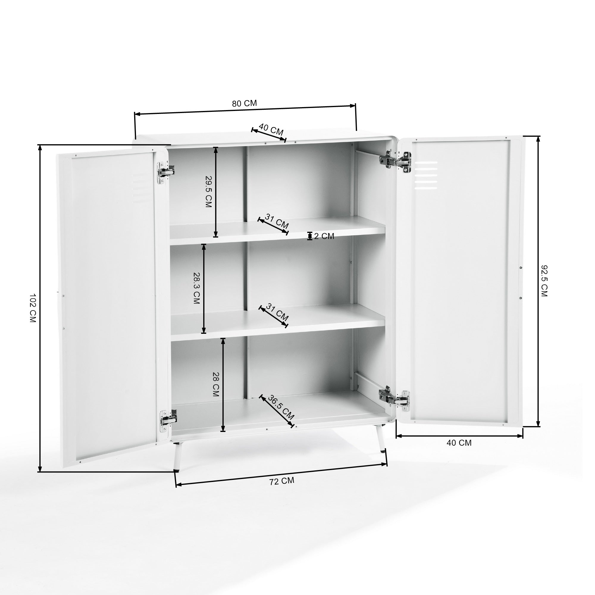 walnut 2-door cabinet - blue metal - sleek storage for living room or office
