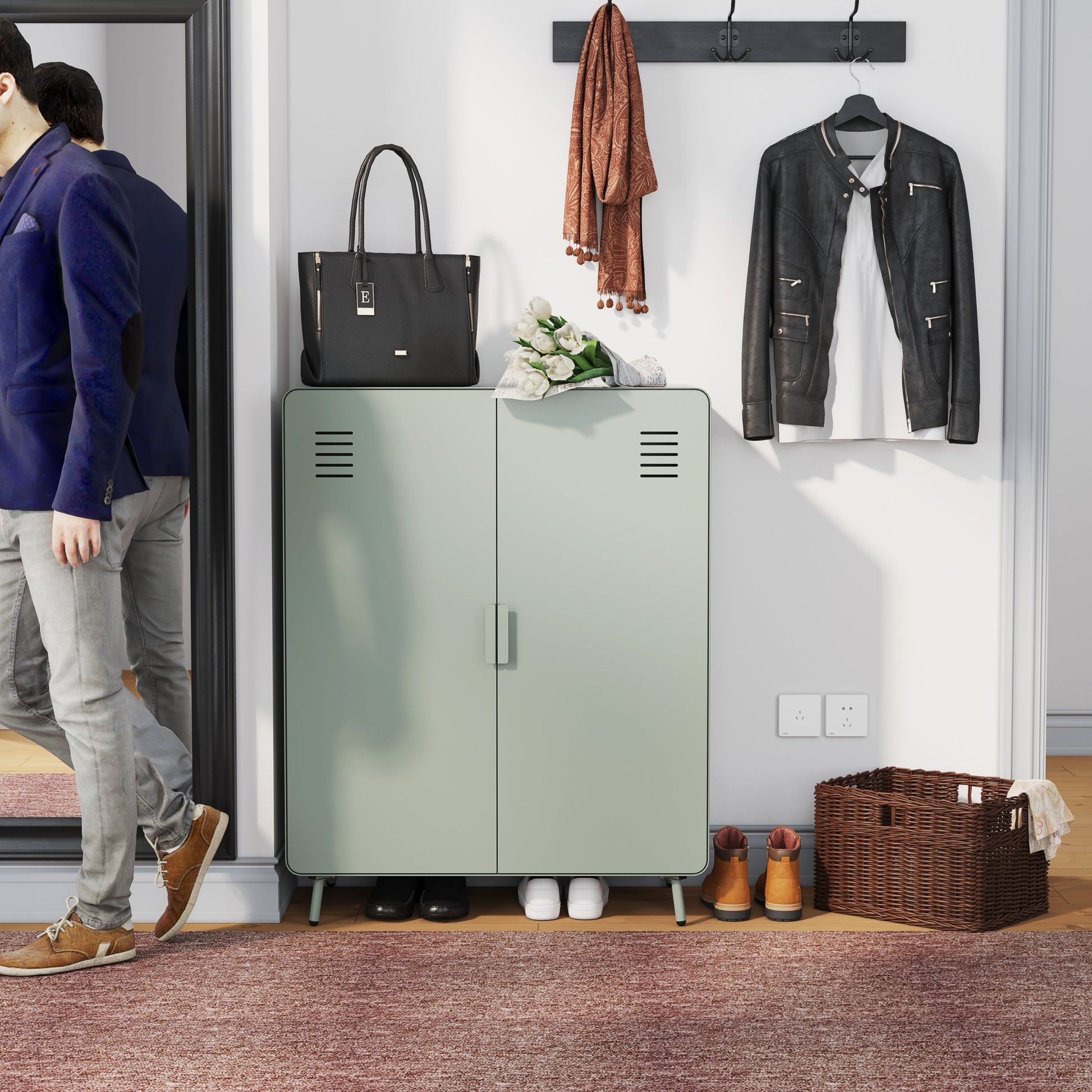 walnut 2-door cabinet - grey metal - sleek storage for living room or office