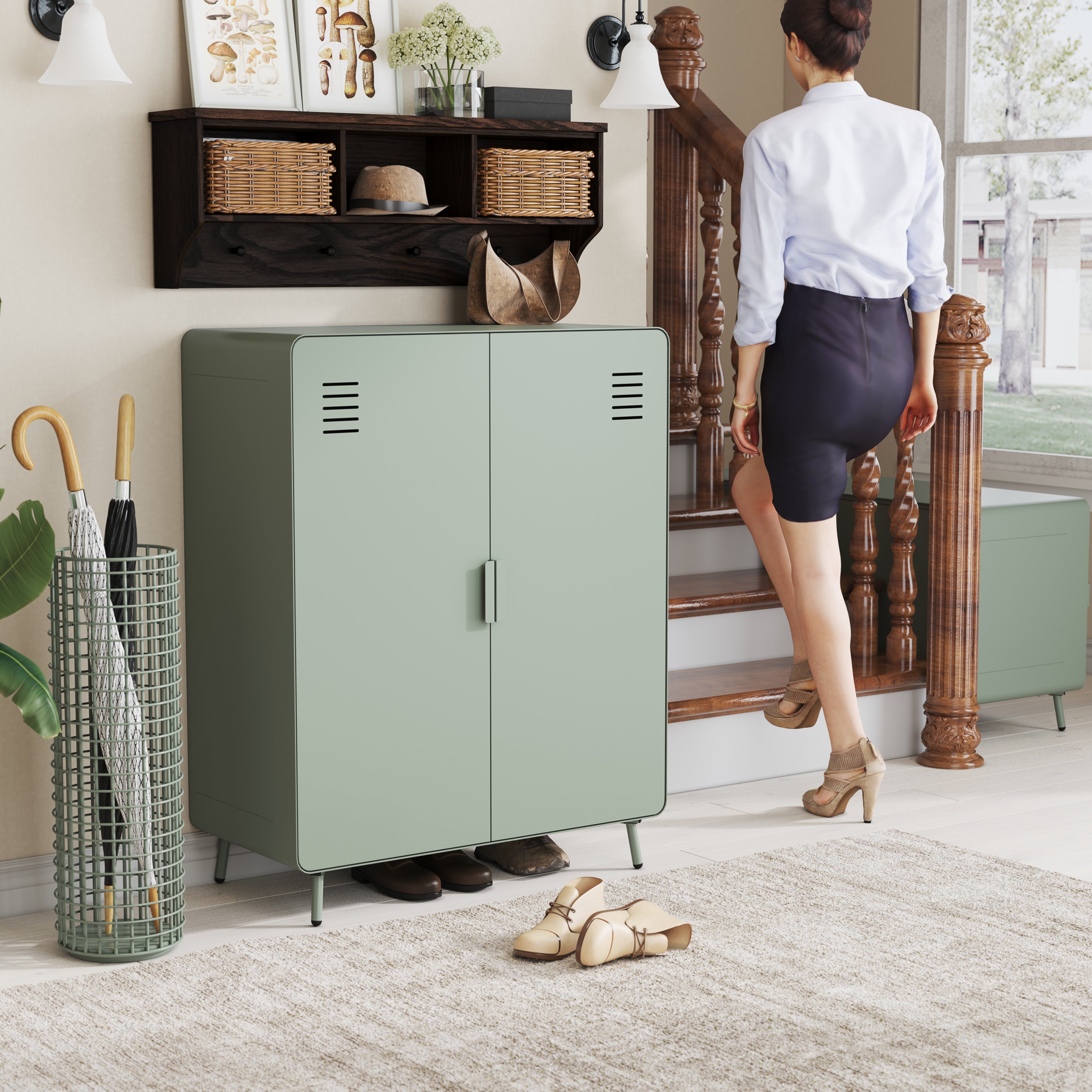 walnut 2-door cabinet - grey metal - sleek storage for living room or office