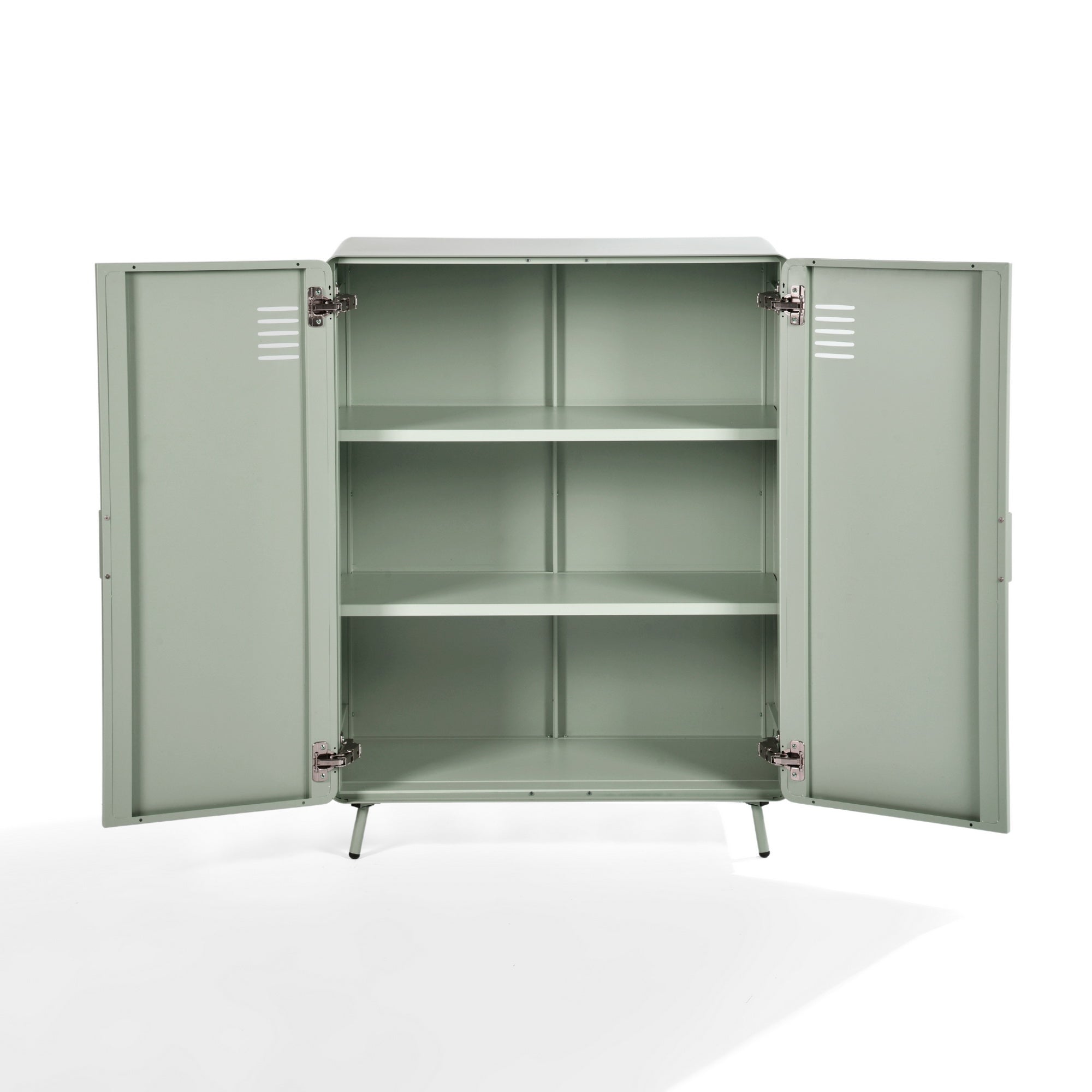 walnut 2-door cabinet - grey metal - sleek storage for living room or office