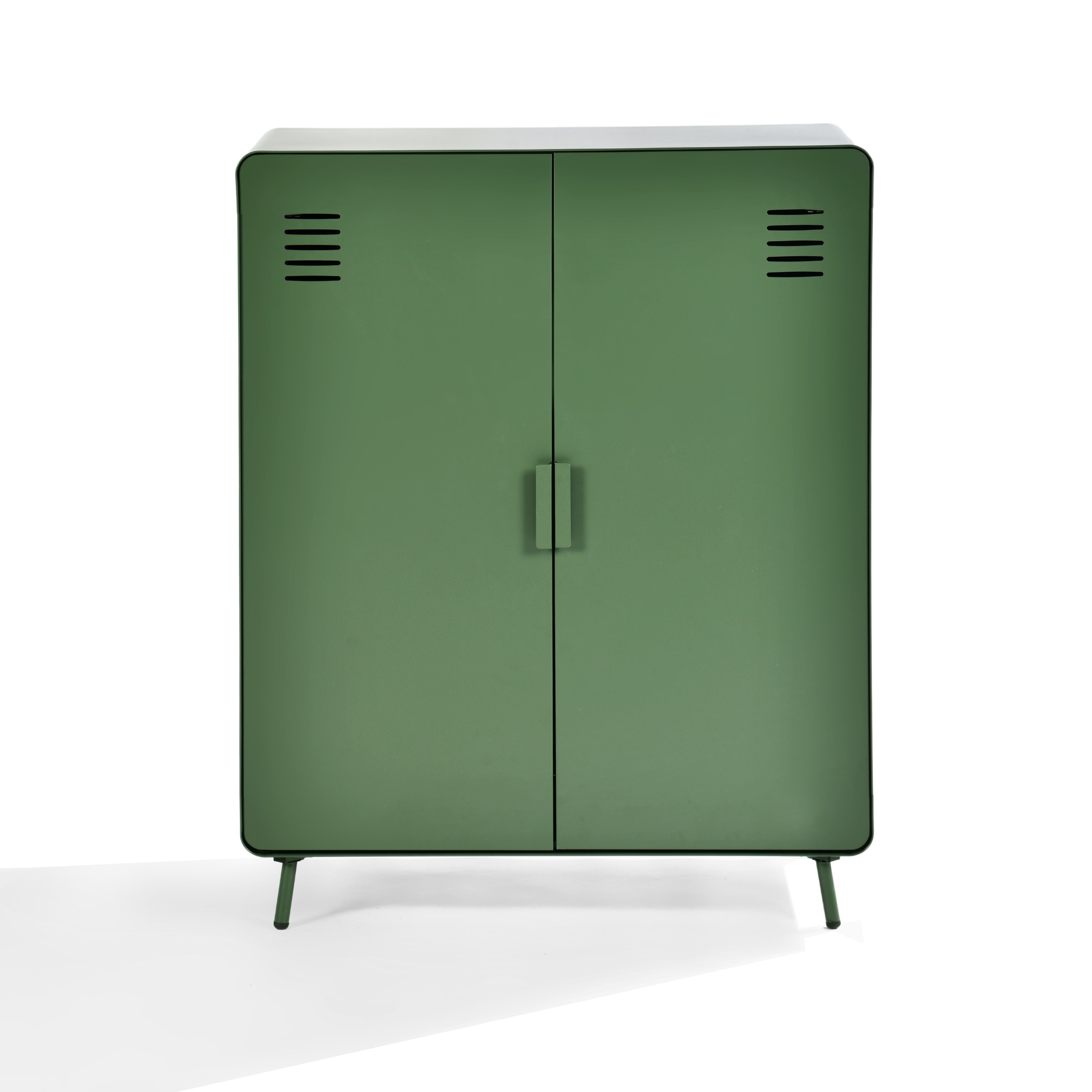 walnut 2-door cabinet - green metal - sleek storage for living room or office