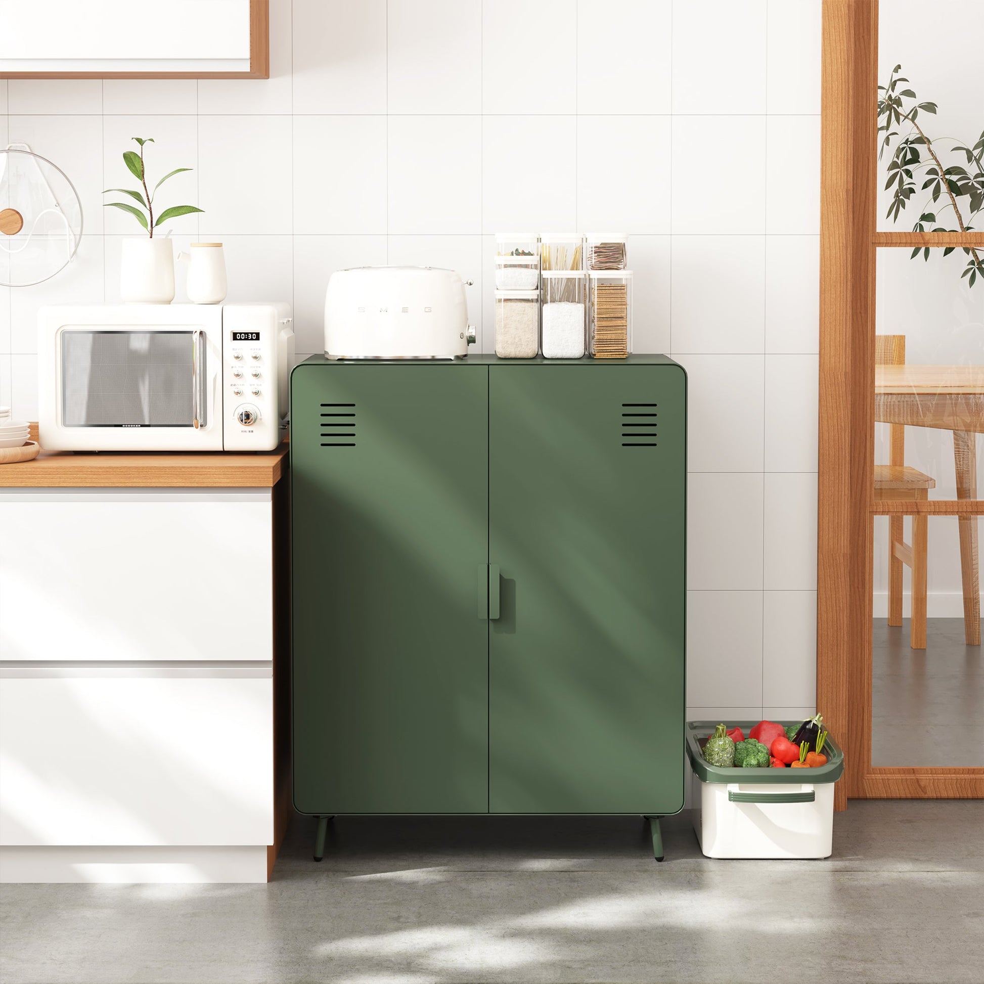 walnut 2-door cabinet - green metal - sleek storage for living room or office