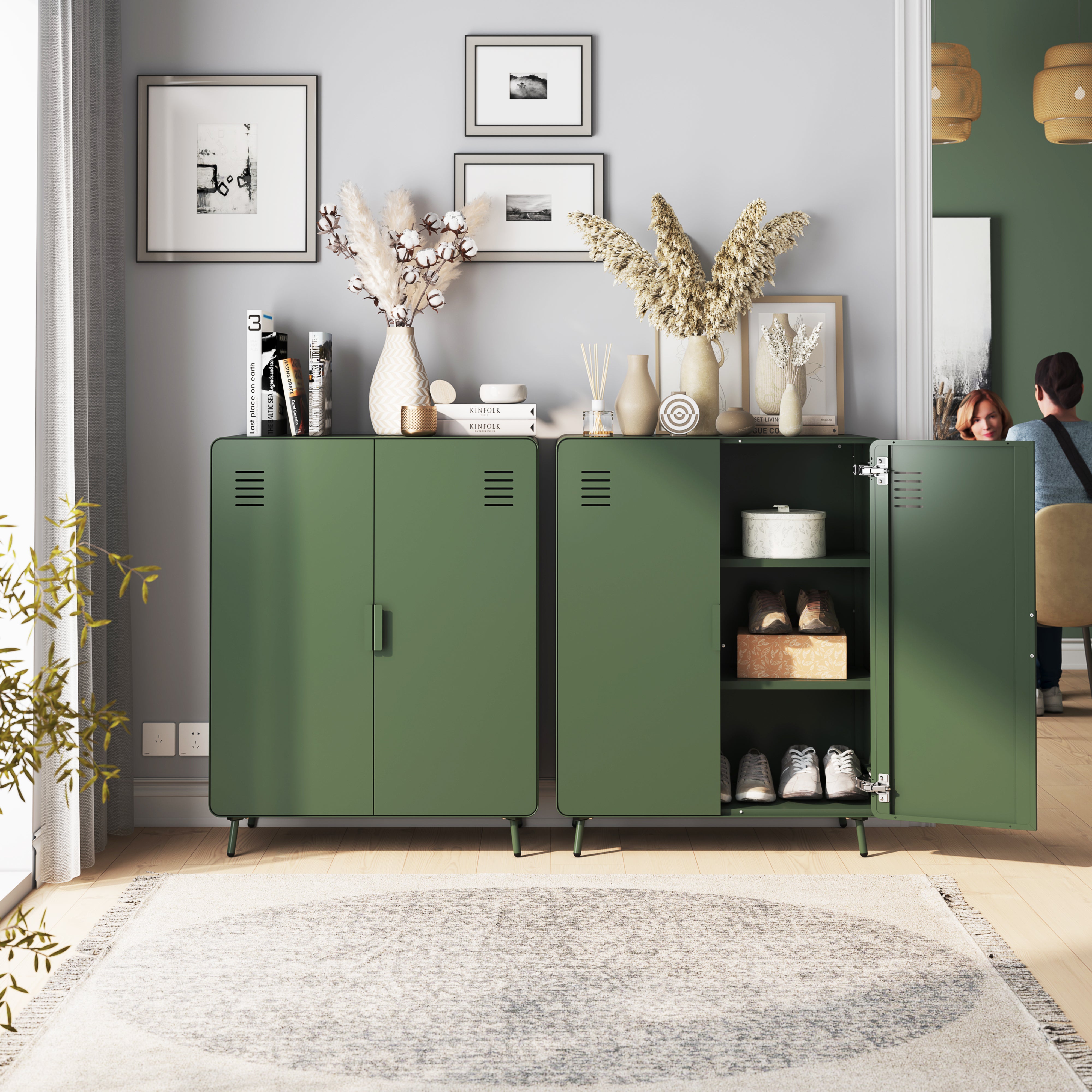 walnut 2-door cabinet - green metal - sleek storage for living room or office