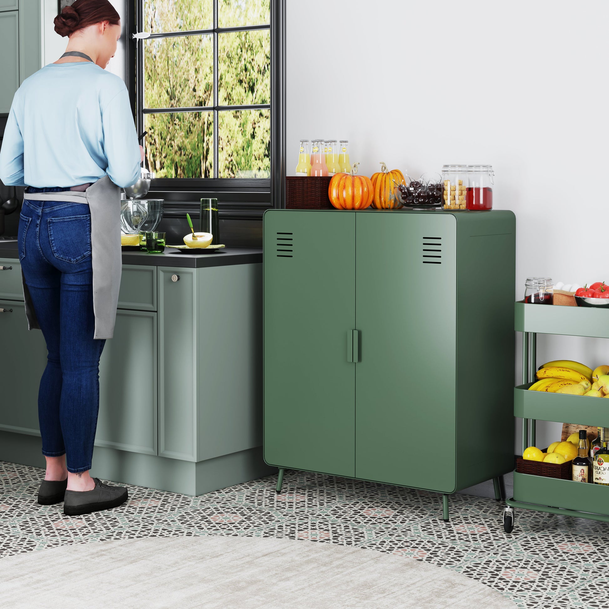 walnut 2-door cabinet - green metal - sleek storage for living room or office