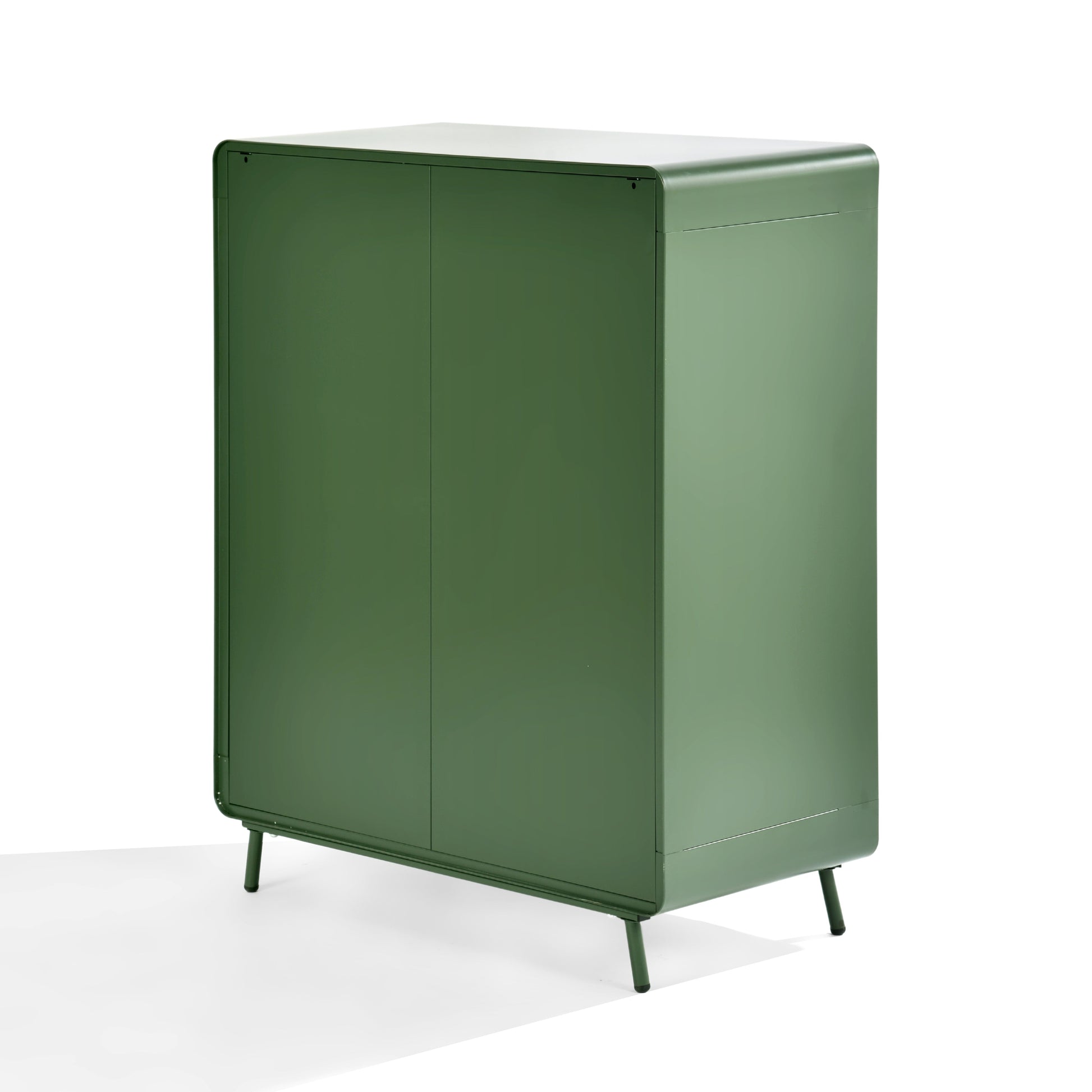 walnut 2-door cabinet - green metal - sleek storage for living room or office