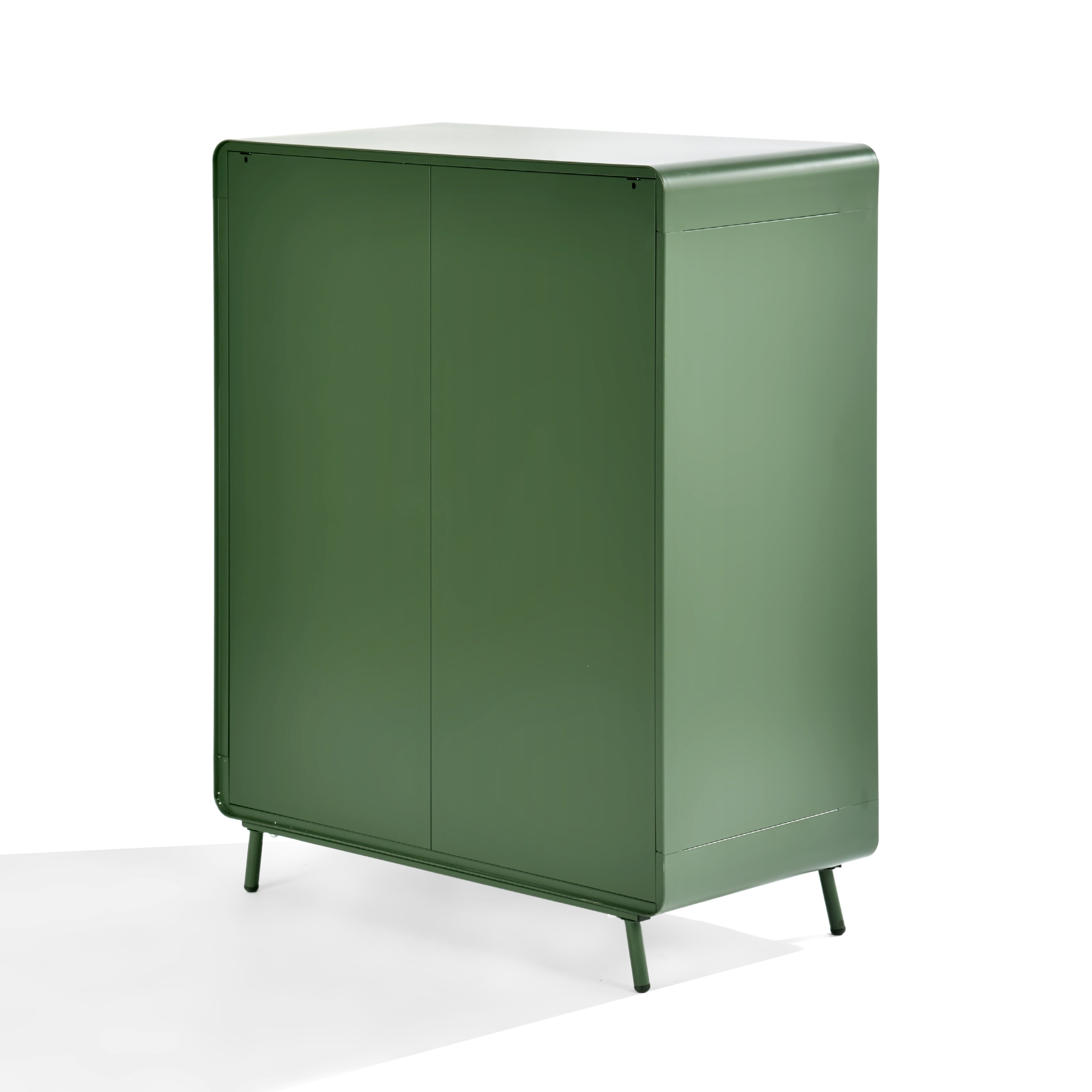 walnut 2-door cabinet - green metal - sleek storage for living room or office