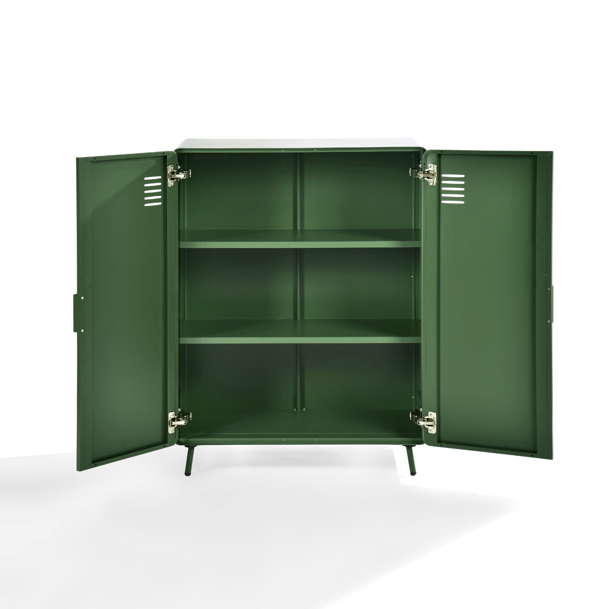 walnut 2-door cabinet - green metal - sleek storage for living room or office