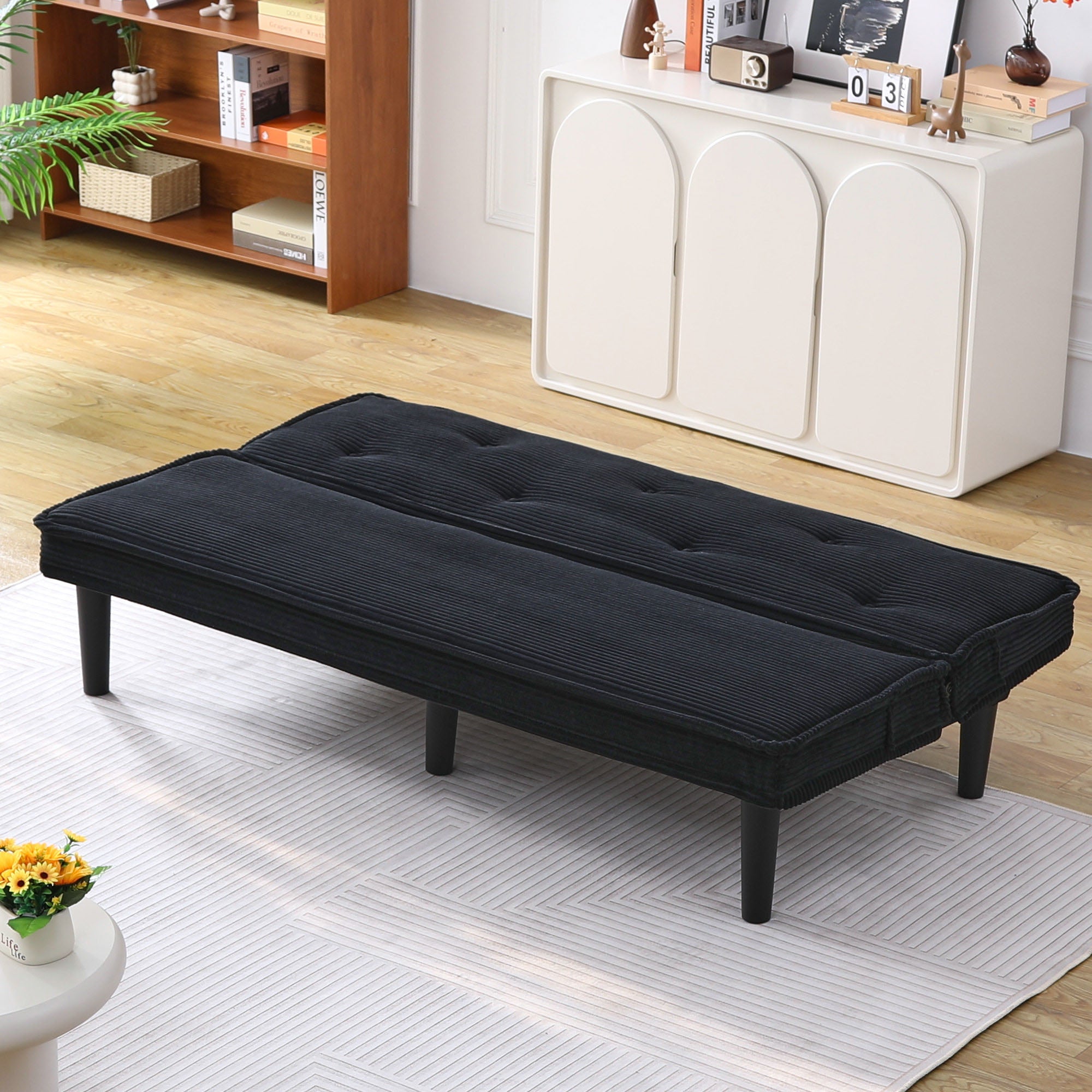 66'' Corduroy Convertible Sofa Bed, Modern Minimalist, Black, for Living Room/Bedroom