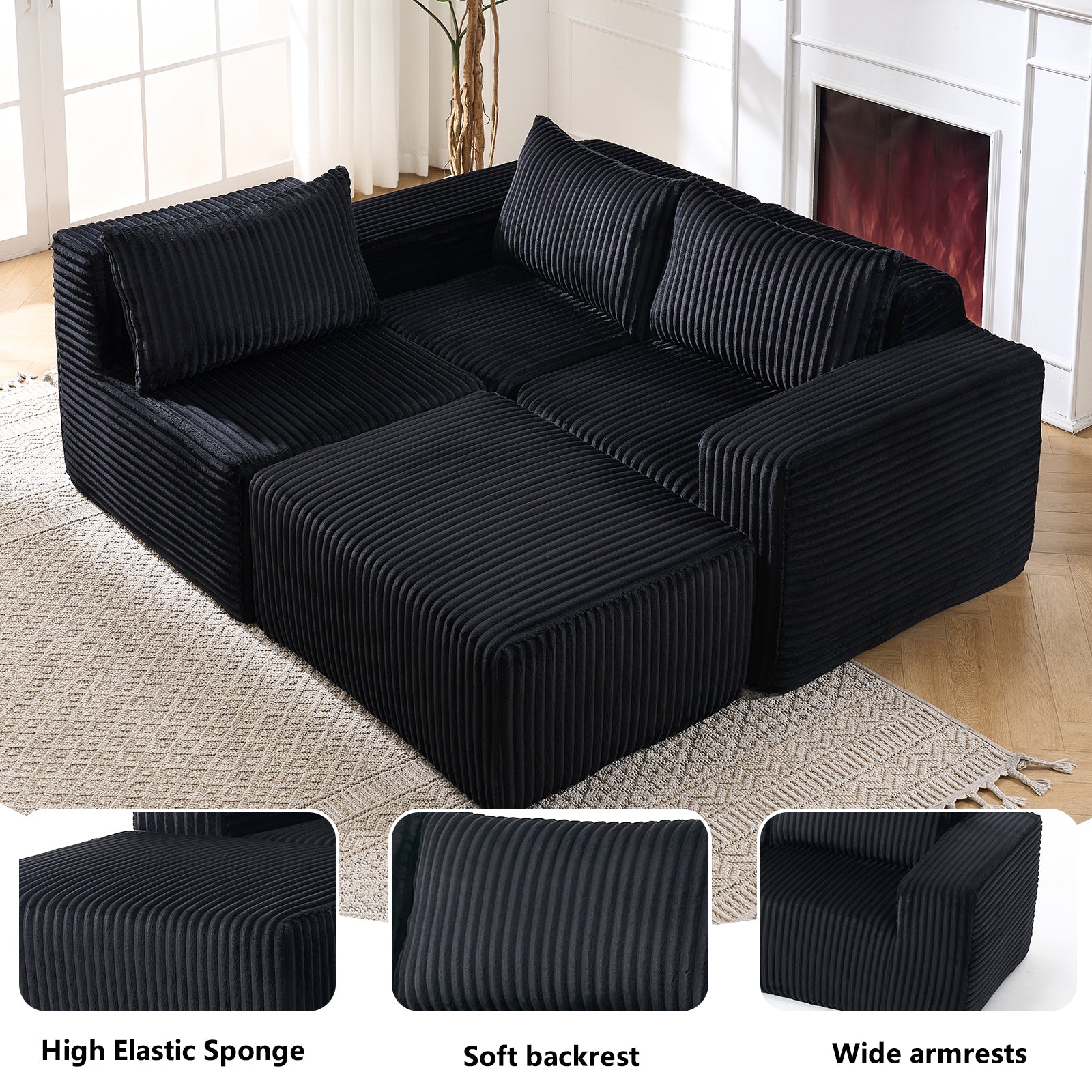 Omaha 101" Modern Corduroy L-Shaped Modular Sectional Sofa with Chaise, Black
