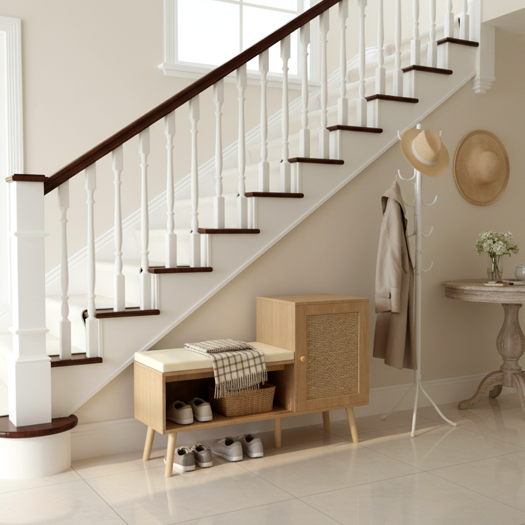 Selene Rattan Shoe Storage Bench with Shelves, Natural Finish