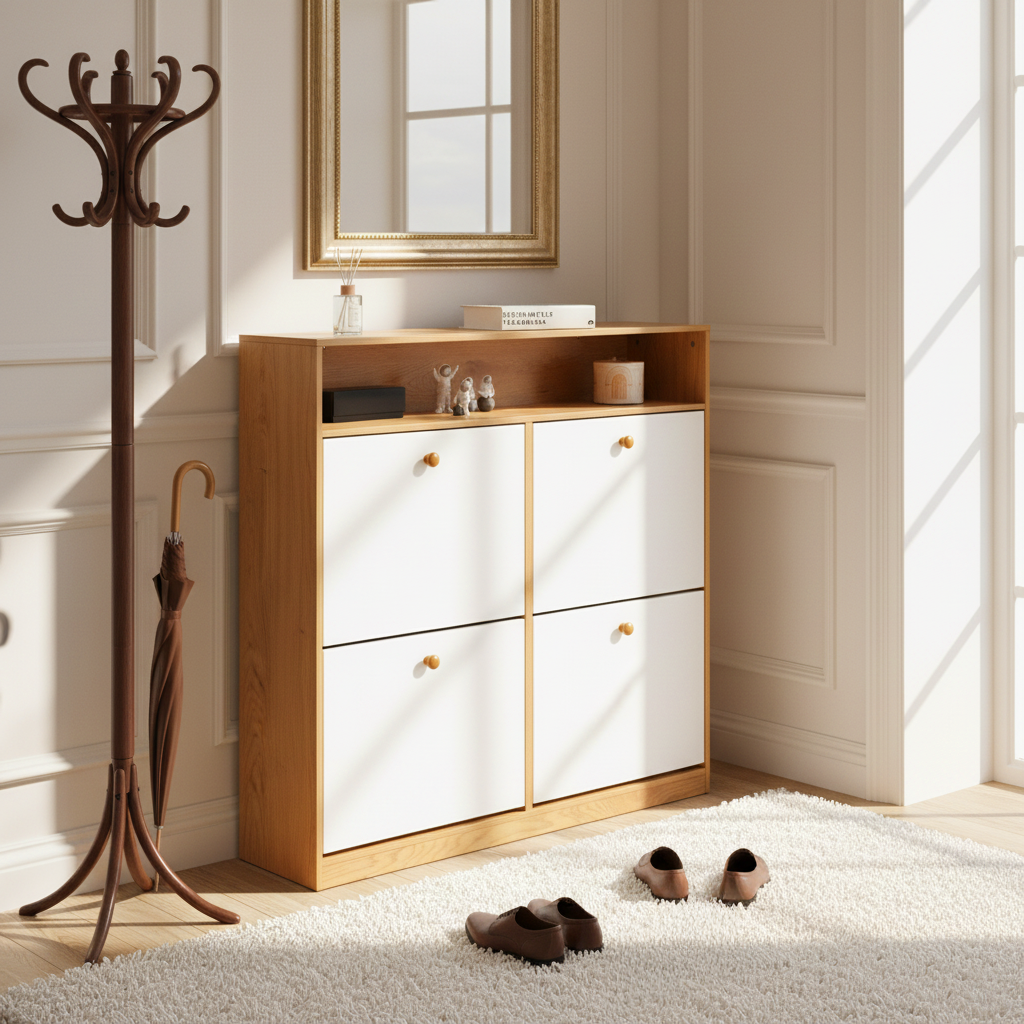 Liora Modern Shoe Cabinet with 4 Tilt-Out Drawers, White & Natural