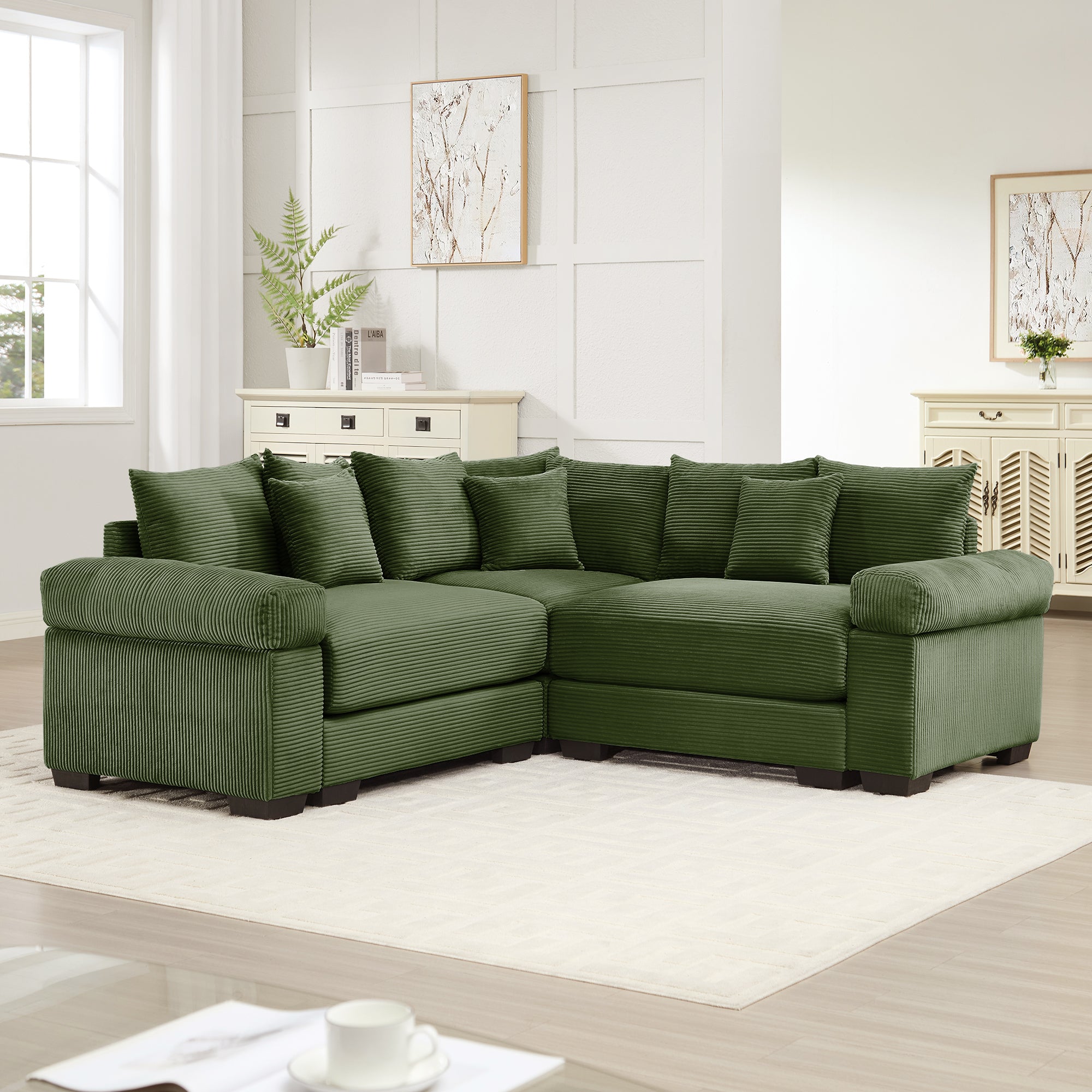 Albany 79" 3 Pieces Corduroy Modular Corner Sectional Sofa with Ottoman, Green