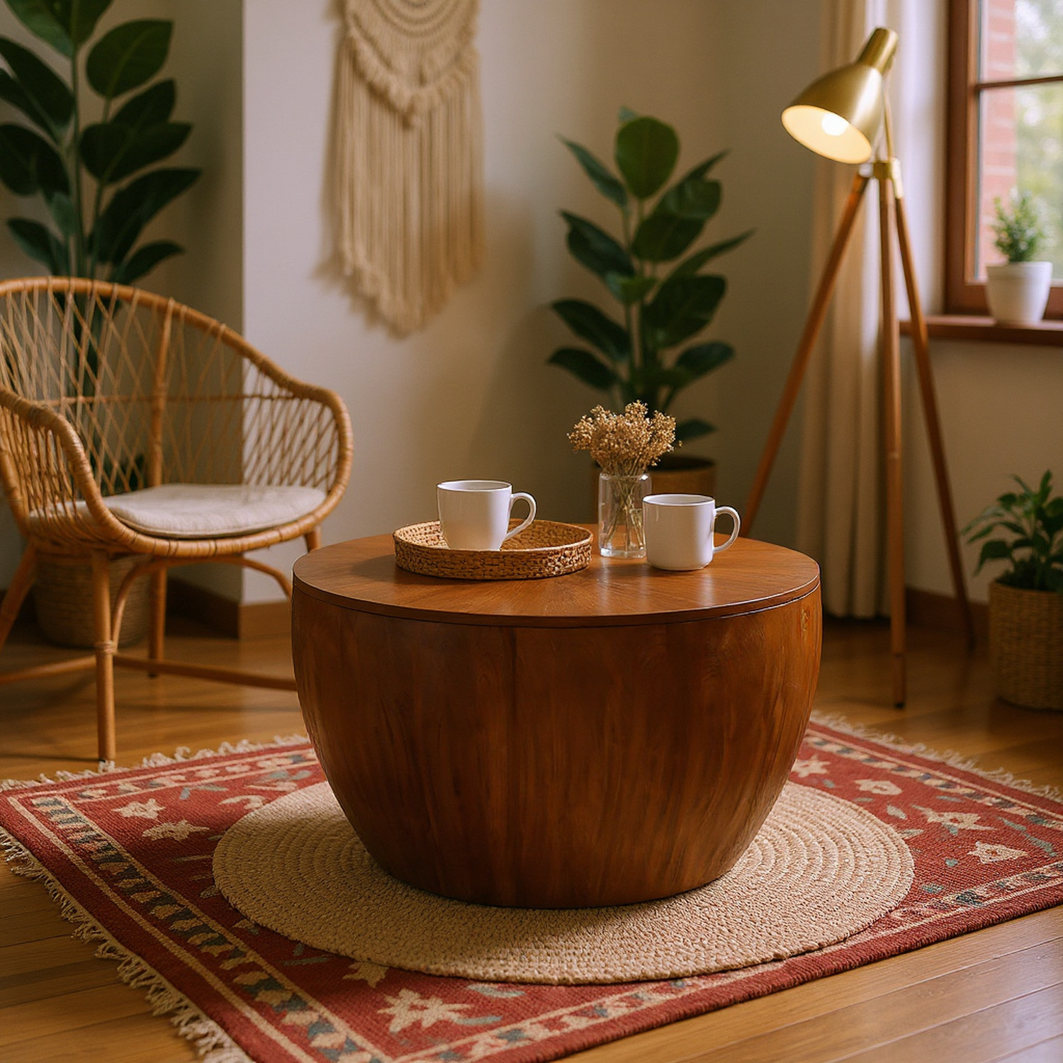 31.50"Vintage Style Bucket Shaped Coffee Table with storage function, for Office, Dining Room and Living Room