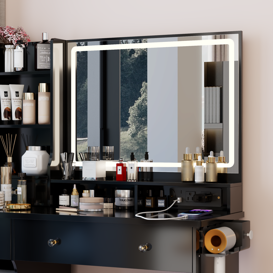 Spacious Vanity with Large Mirror