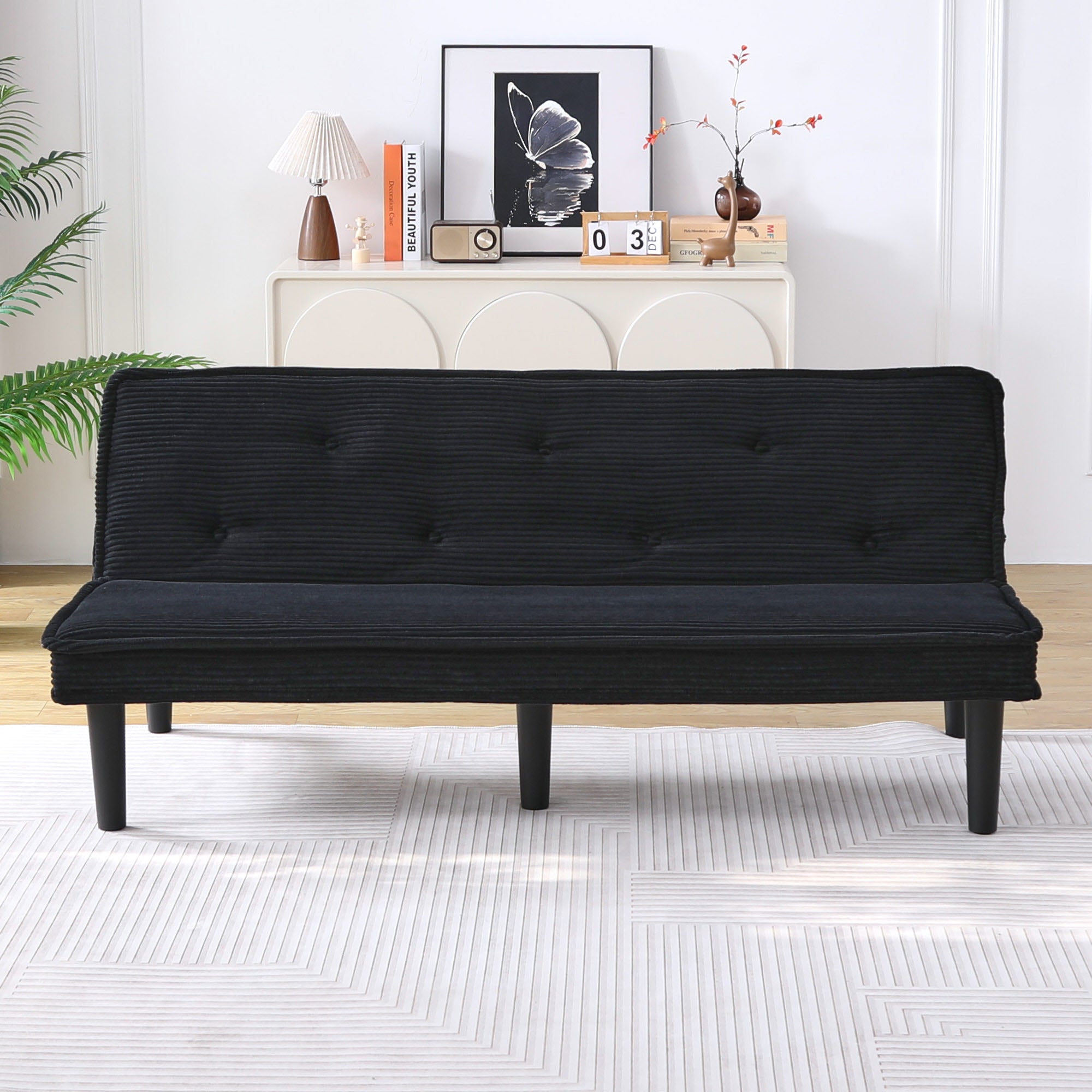 66'' Corduroy Convertible Sofa Bed, Modern Minimalist, Black, for Living Room/Bedroom