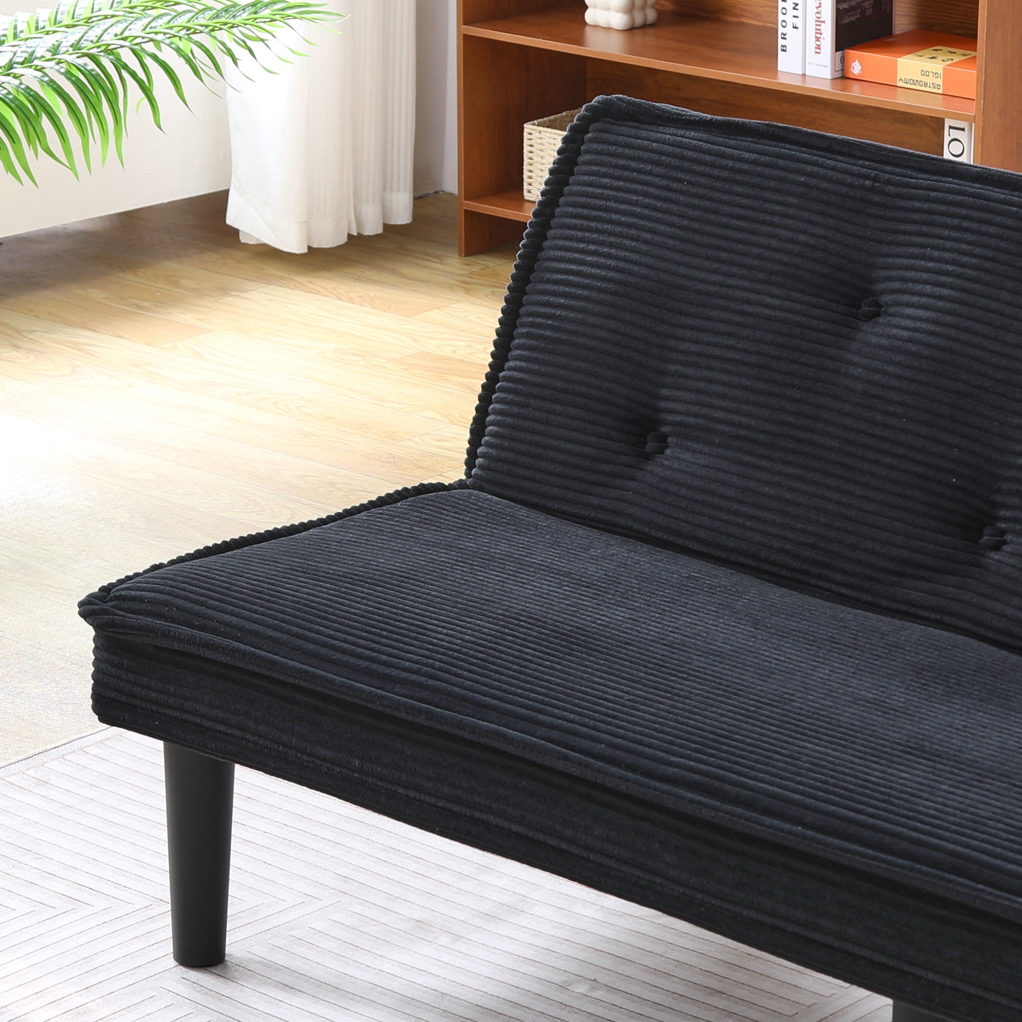 66'' Corduroy Convertible Sofa Bed, Modern Minimalist, Black, for Living Room/Bedroom