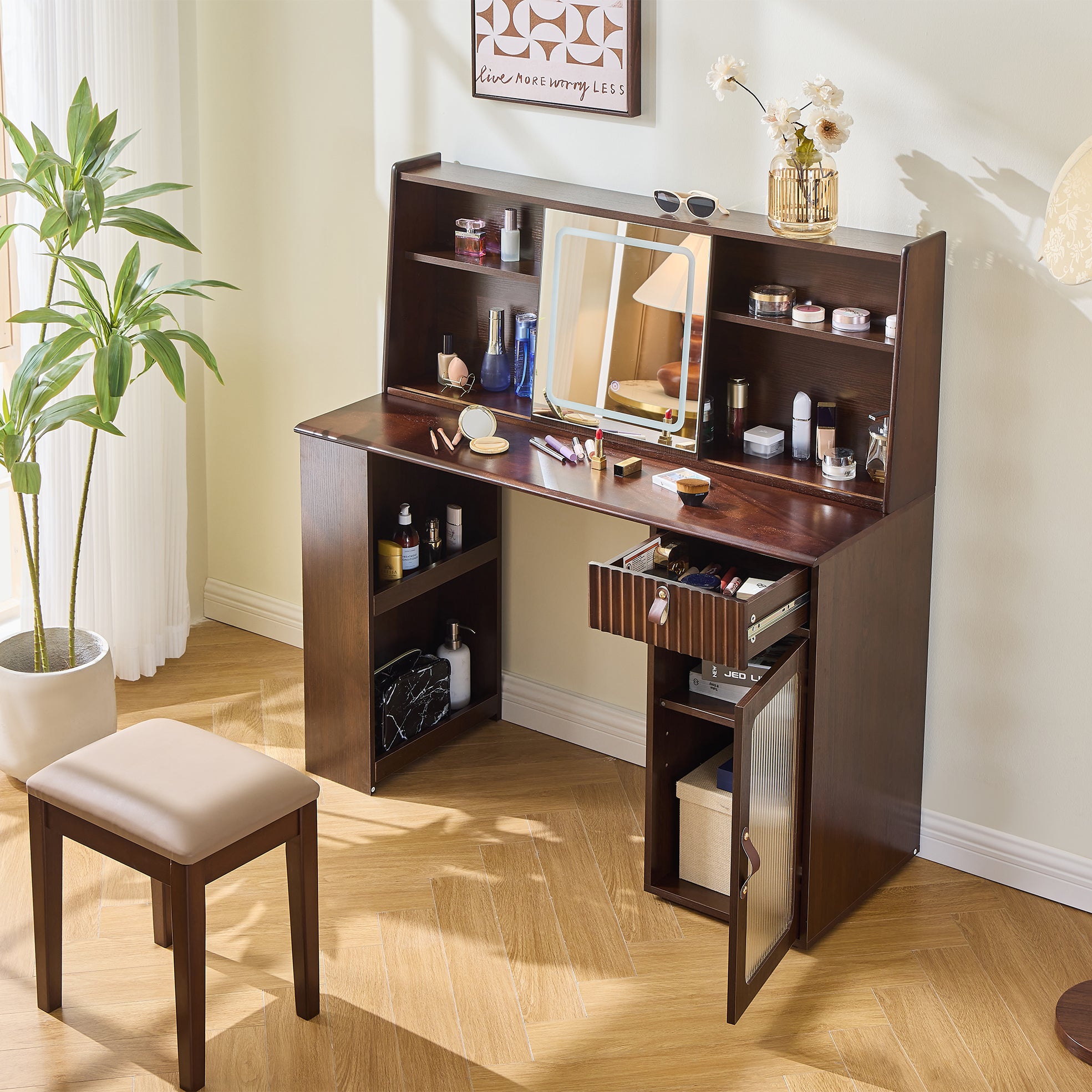modern study table with dressing table Thora Modern Makeup Vanity Dressing Table Set with 3-Mode Lighted Mirr –  HomyCasa