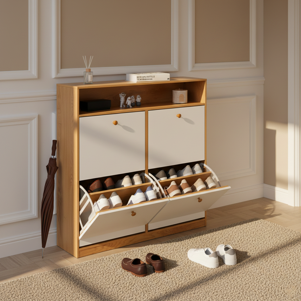 Liora Modern Shoe Cabinet with 4 Tilt-Out Drawers, White & Natural