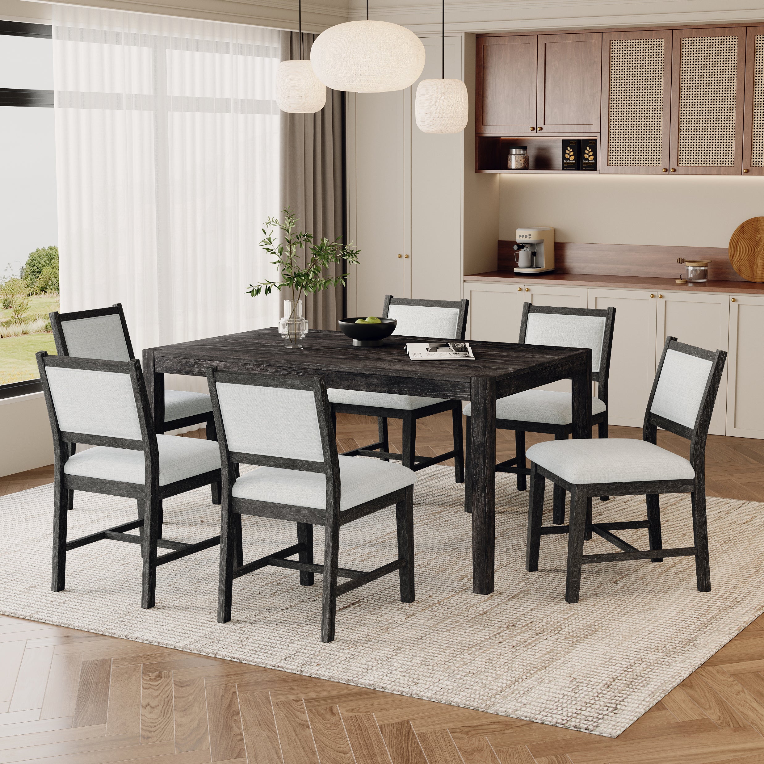 Elora 7 Piece Modern Wood Dining Table Set with Upholstered Chairs