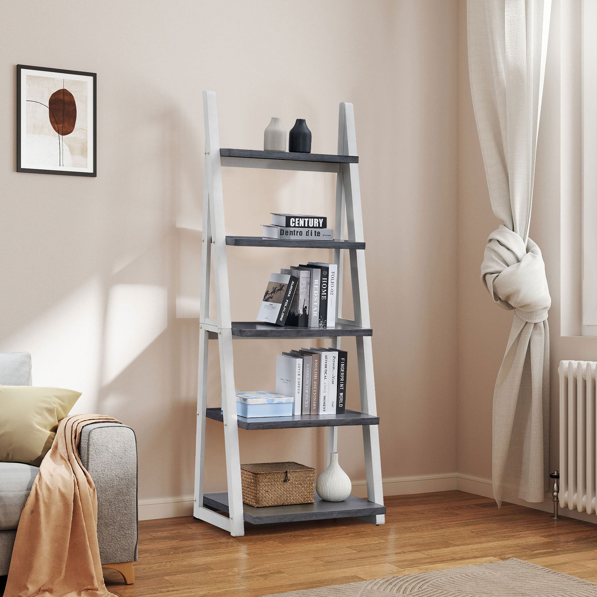 Copenhagen 5-Tier Modern Wood Ladder Bookshelf Storage Rack
