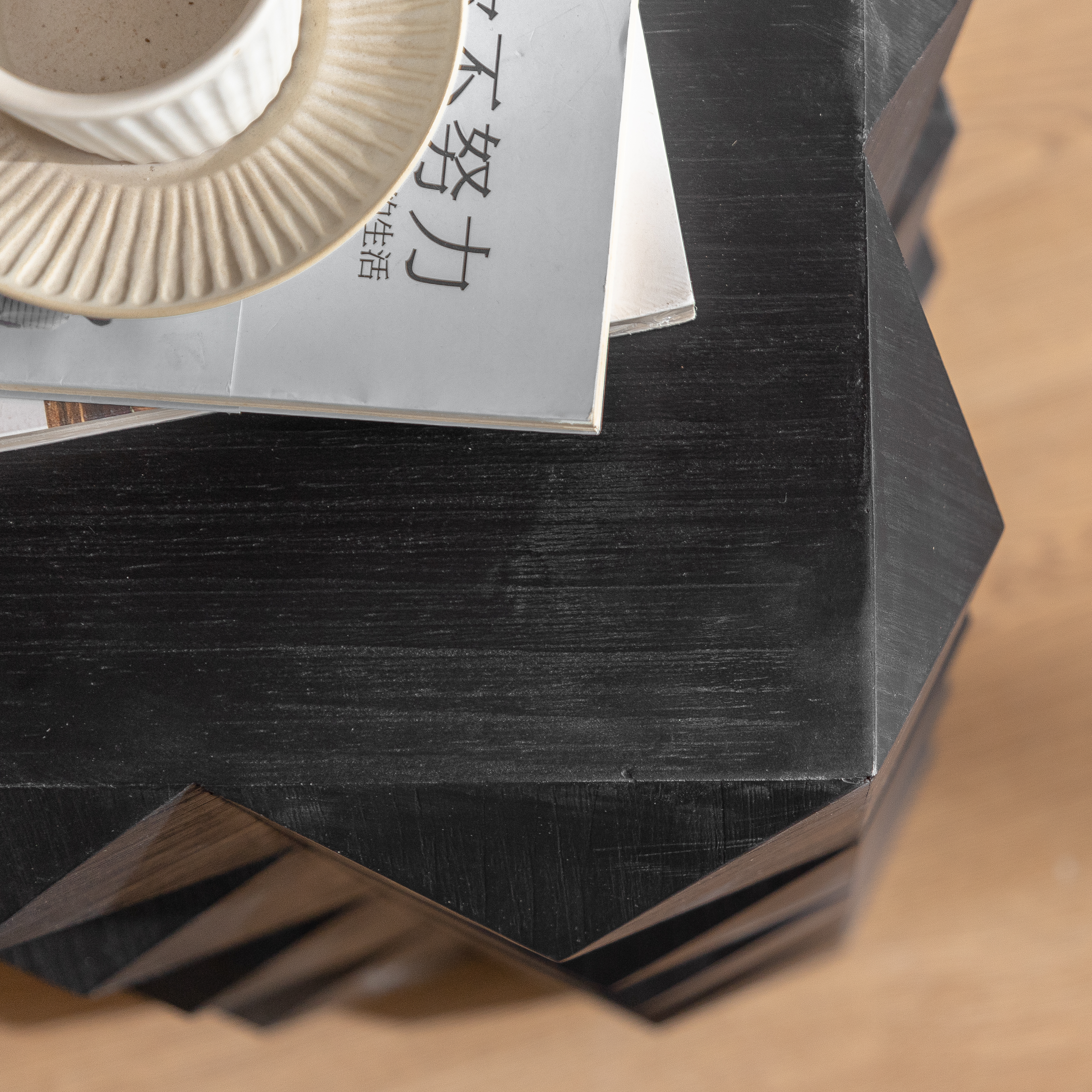 Crema Modern Geometric Wood Side Table Natural End Table, Black