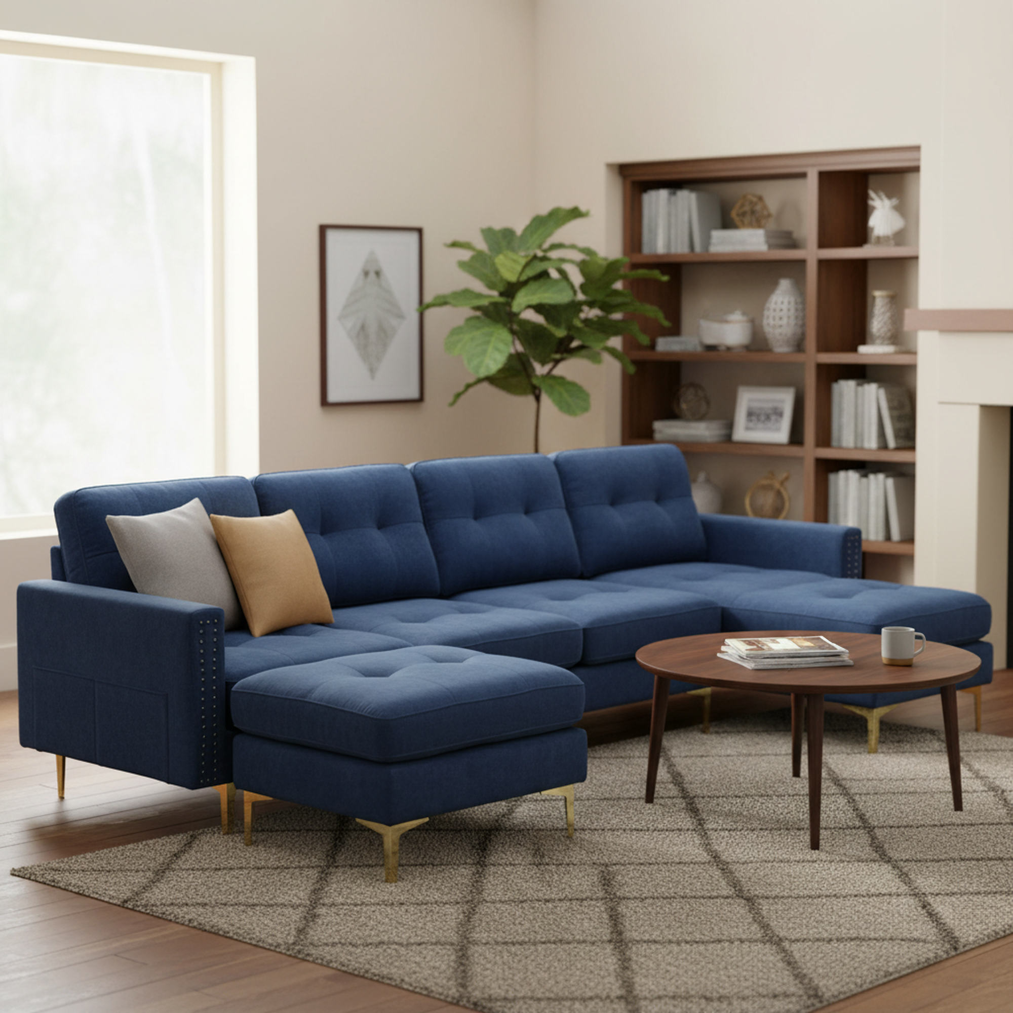 Lubbock 110.6" U-Shaped Convertible Velvet Sectional Sofa with Ottoman, Blue