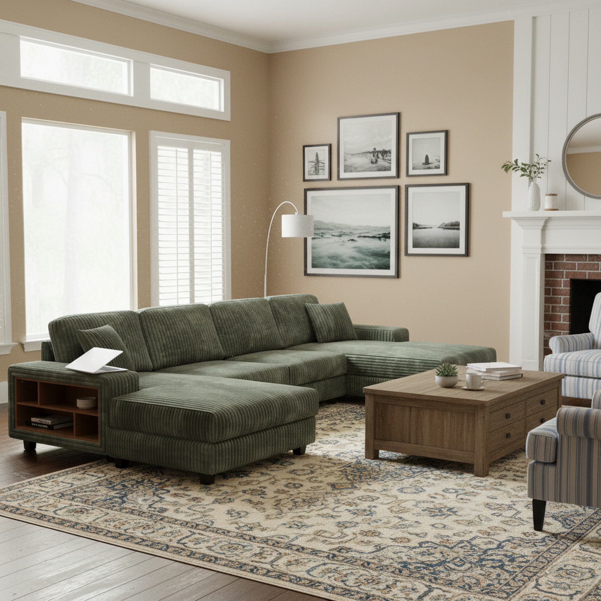Edenleaf 137" Corduroy U-Shaped Sectional Sofa with Double Chaise & Side Storage
