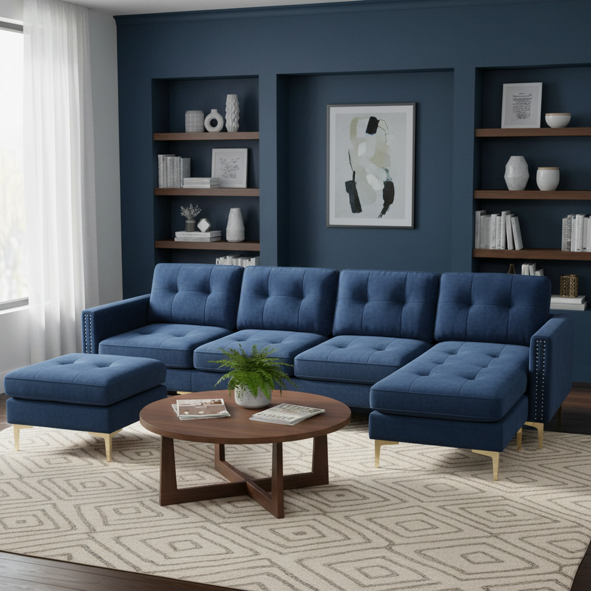 Lubbock 110.6" U-Shaped Convertible Velvet Sectional Sofa with Ottoman, Blue