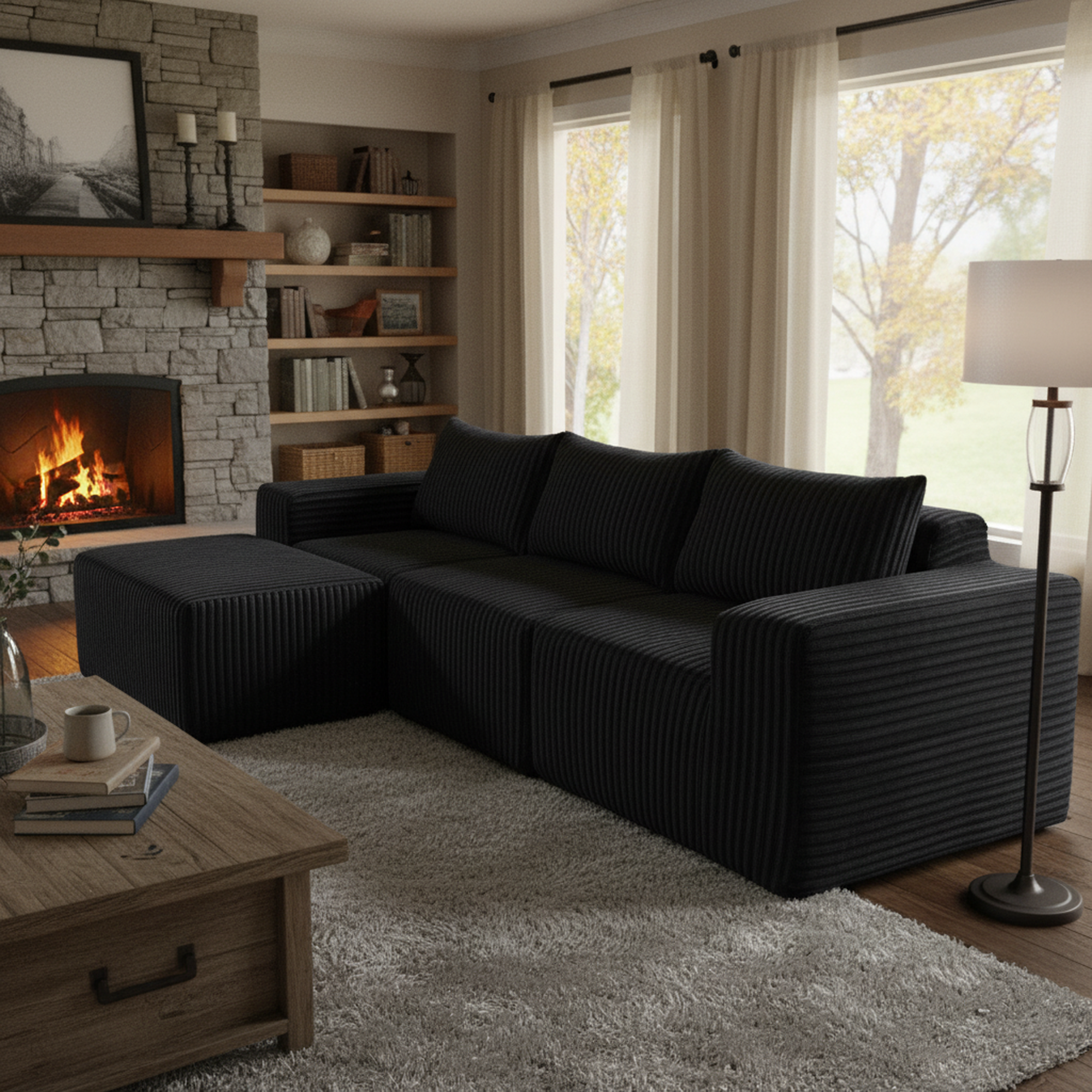 Omaha 101" Modern Corduroy L-Shaped Modular Sectional Sofa with Chaise, Black
