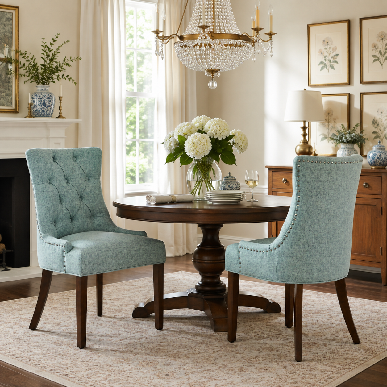 Nutton Upholstered Dining Chair with Solid Wood Legs and Diamond Tufted Back Set of 2