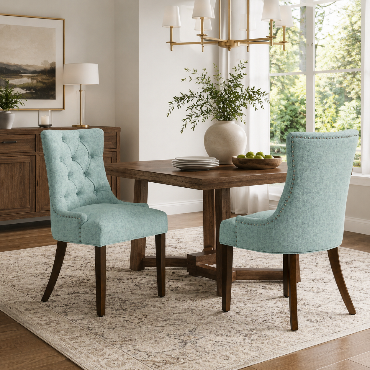 Nutton Upholstered Dining Chair with Solid Wood Legs and Diamond Tufted Back Set of 2