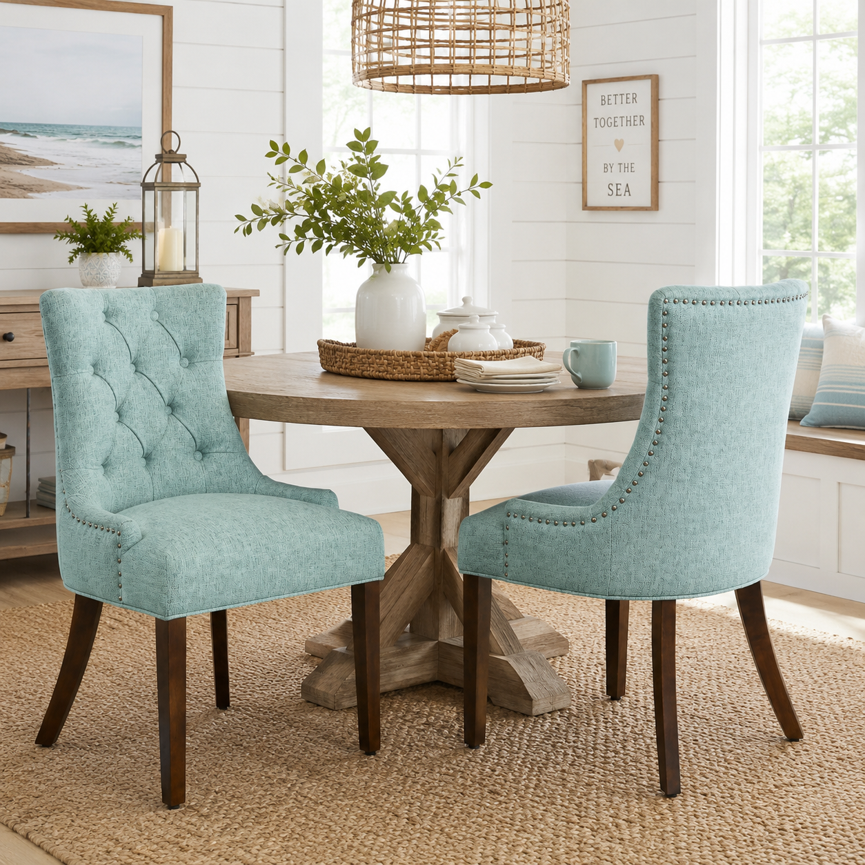 Nutton Upholstered Dining Chair with Solid Wood Legs and Diamond Tufted Back Set of 2